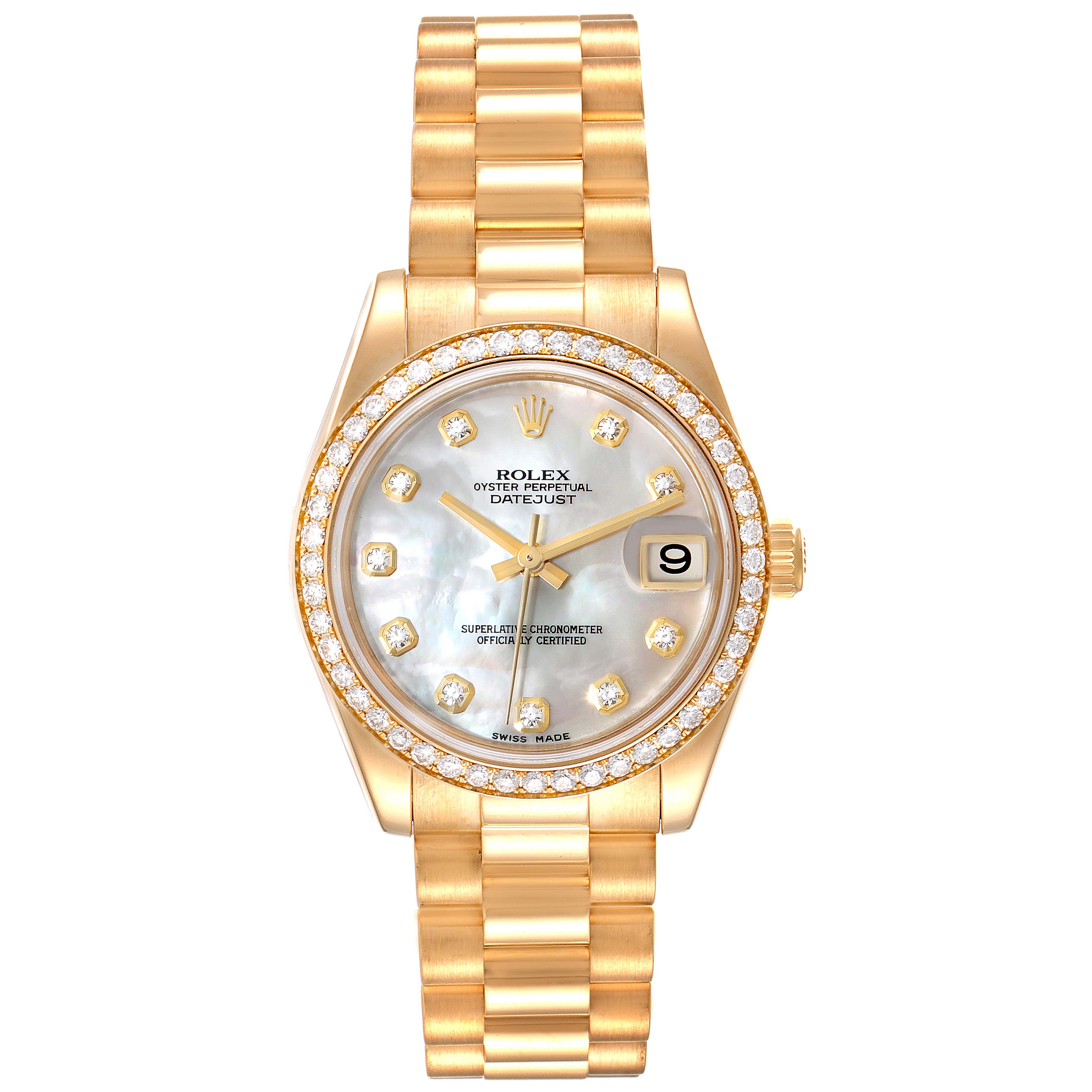 The image shows a front view of the Rolex President 178288 Women
s Yellow Gold Mother of Pearl Dial 178288 Women
s Yellow Gold Mother of Pearl Dial Datejust watch, highlighting its dial, bracelet, and bezel.