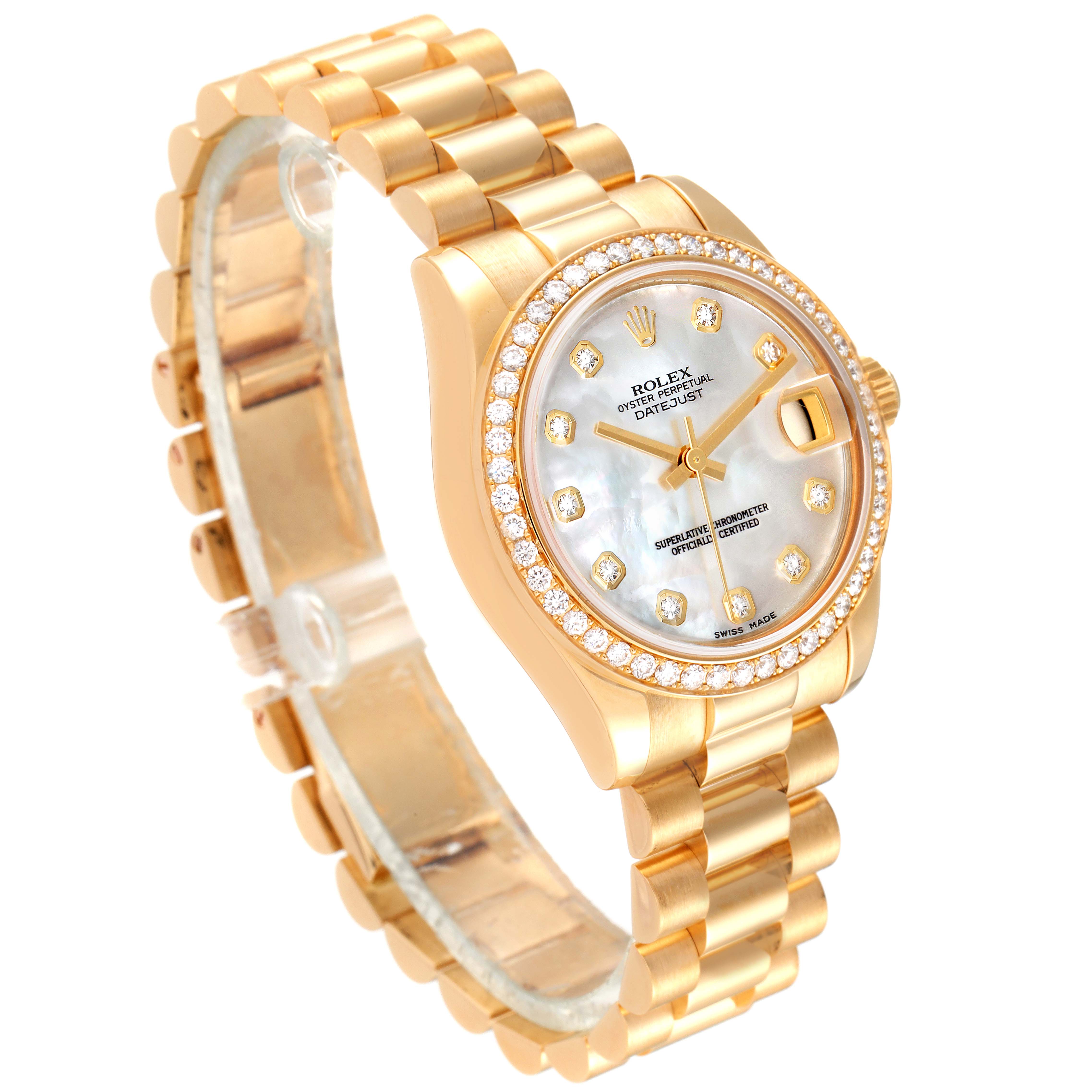 This image shows a Rolex President 178288 Women
s Yellow Gold Mother of Pearl Dial 178288 Women
s Yellow Gold Mother of Pearl Dial model watch at a three-quarter angle, highlighting its gold bracelet, bezel, and diamond markers.
