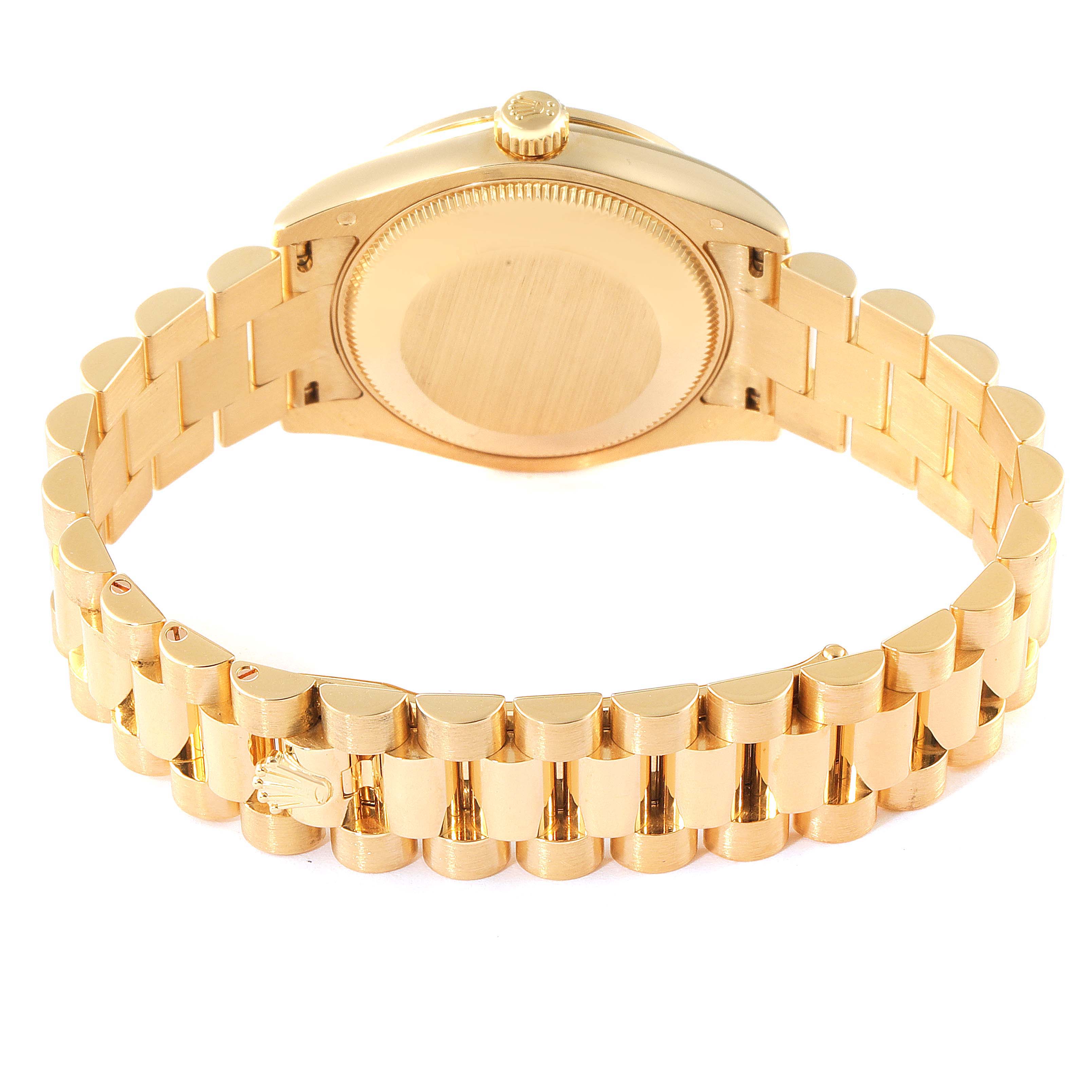 The image shows the back view of a gold Rolex President 178288 Women
s Yellow Gold Mother of Pearl Dial 178288 Women
s Yellow Gold Mother of Pearl Dial model watch, highlighting the case back and bracelet.