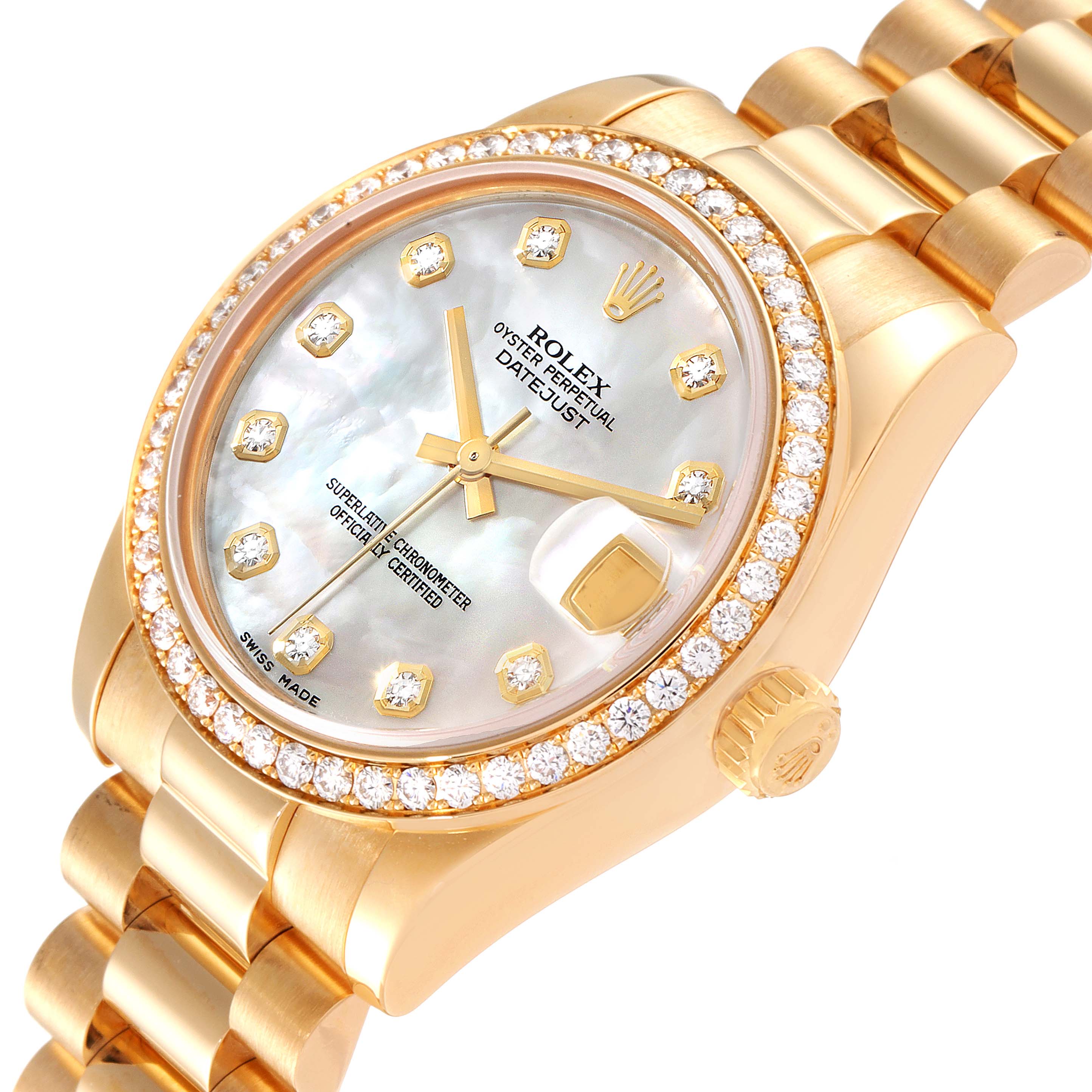 This is a close-up angle showing the Rolex President 178288 Women
s Yellow Gold Mother of Pearl Dial 178288 Women
s Yellow Gold Mother of Pearl Dial model watch face, bezel, bracelet, and crown.