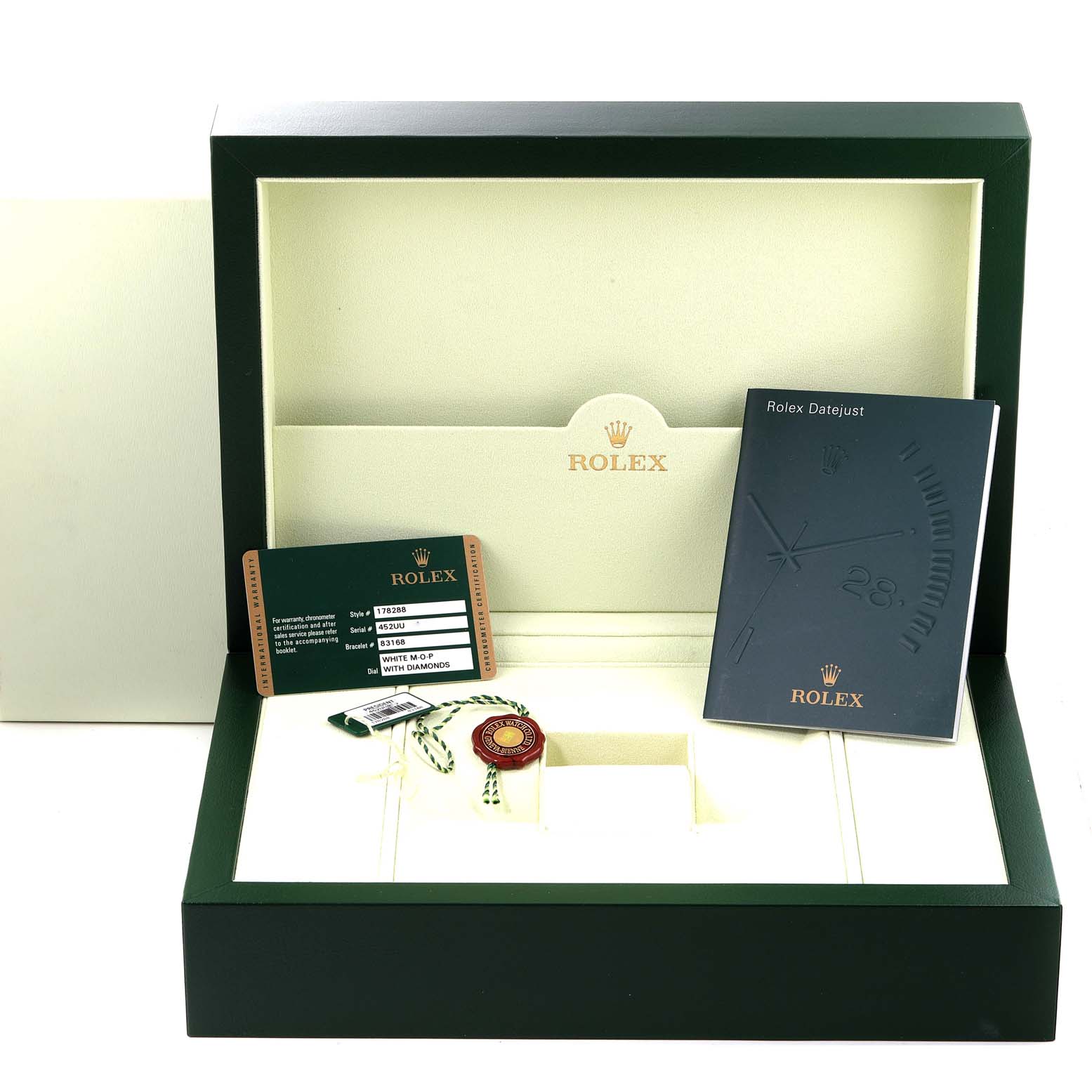 The image shows an open Rolex President 178288 Women
s Yellow Gold Mother of Pearl Dial 178288 Women
s Yellow Gold Mother of Pearl Dial watch box with a manual, warranty card, tag, and accessories.