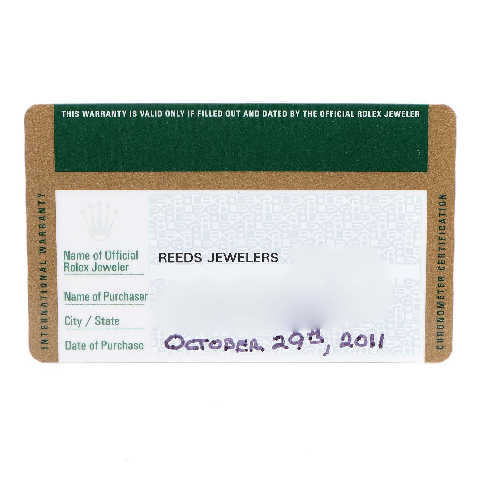 The image shows an international warranty card for the Rolex President 178288 Women
s Yellow Gold Mother of Pearl Dial 178288 Women
s Yellow Gold Mother of Pearl Dial model, indicating the jeweler and date of purchase.