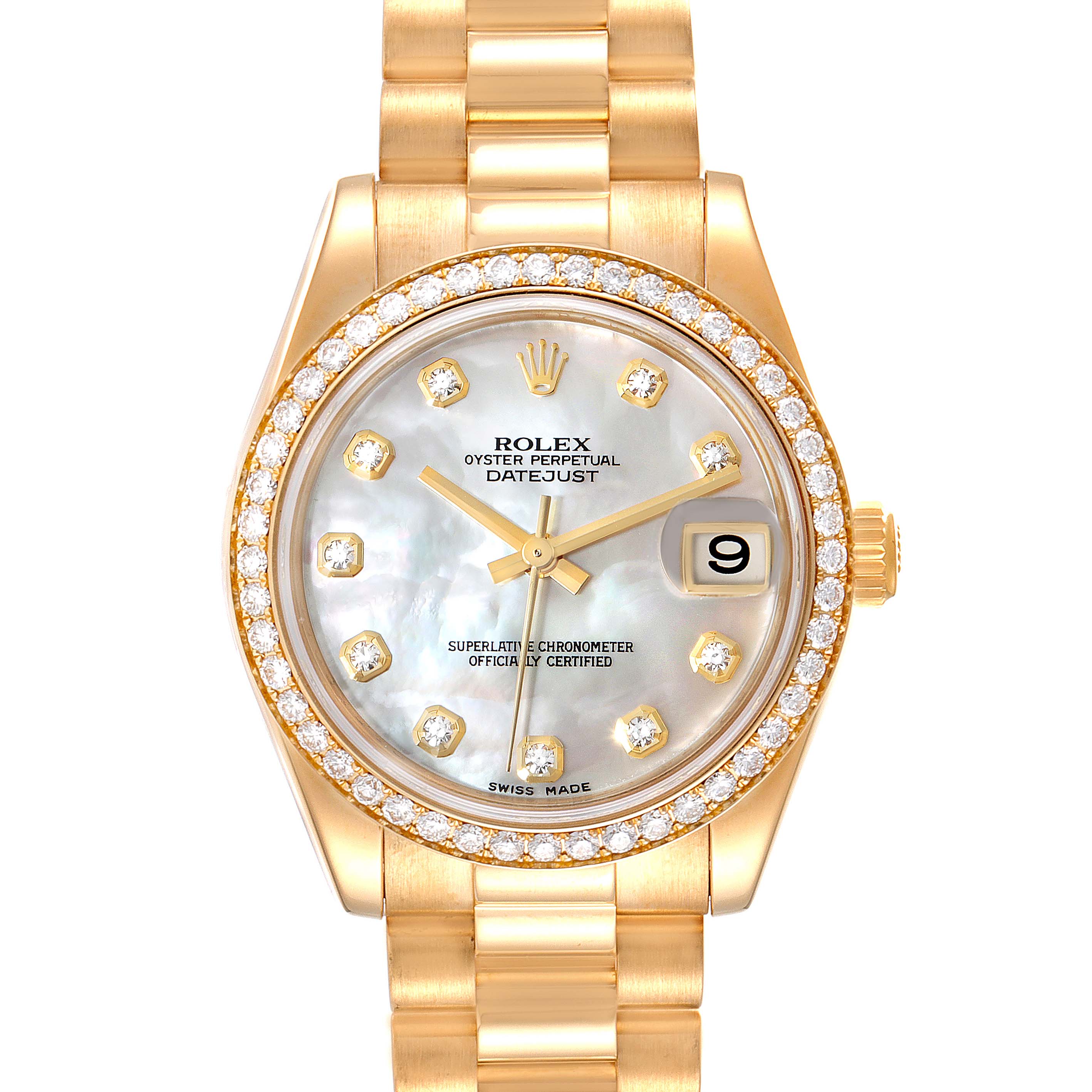 The image shows a frontal view of a Rolex President 178288 Women
s Yellow Gold Mother of Pearl Dial 178288 Women
s Yellow Gold Mother of Pearl Dial model watch, showcasing the dial, bezel, crown, and bracelet.