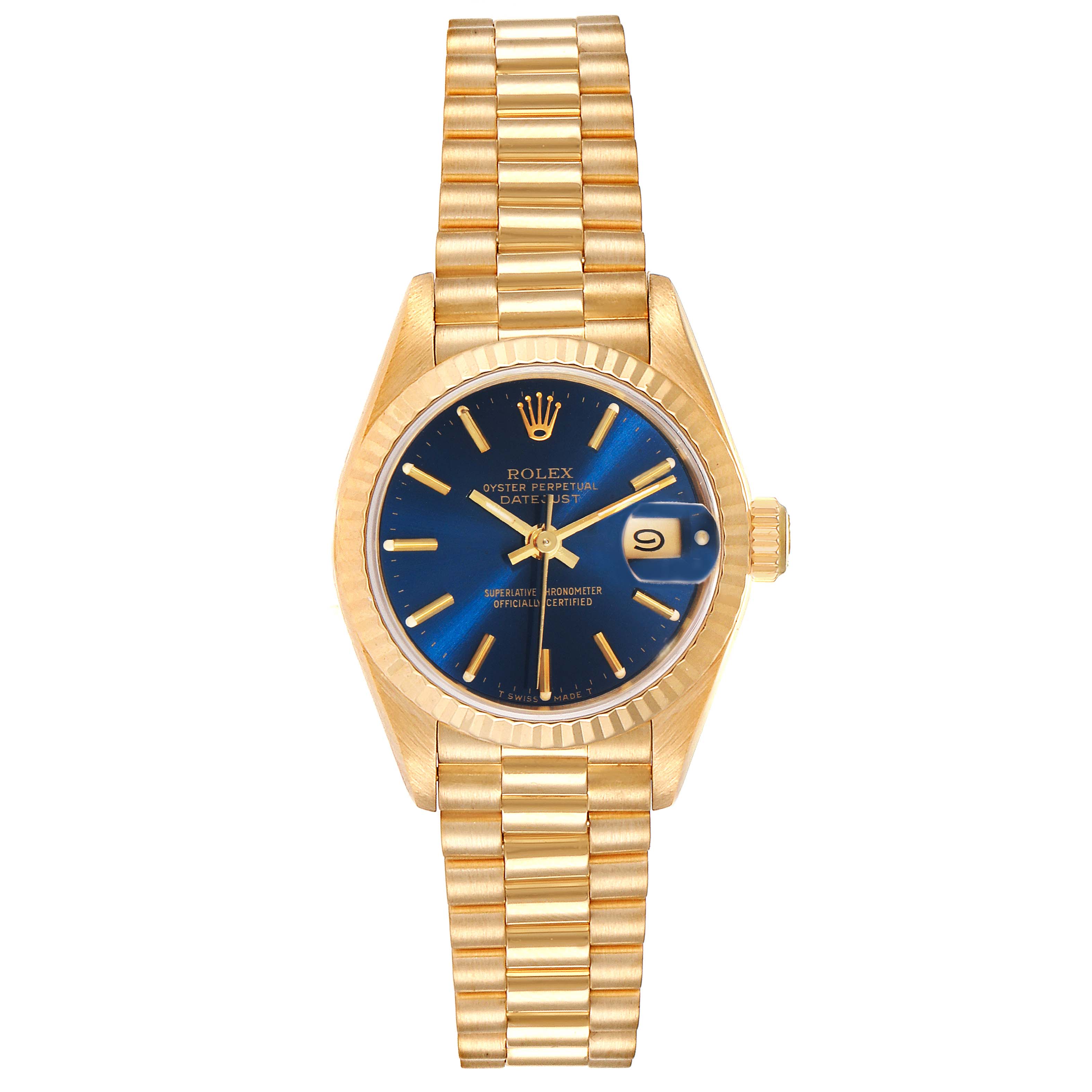 This image shows a frontal view of a Rolex President 69178 Women's Yellow Gold Blue Dial 69178 Women's Yellow Gold Blue Dial model watch, displaying its dial, case, and bracelet.