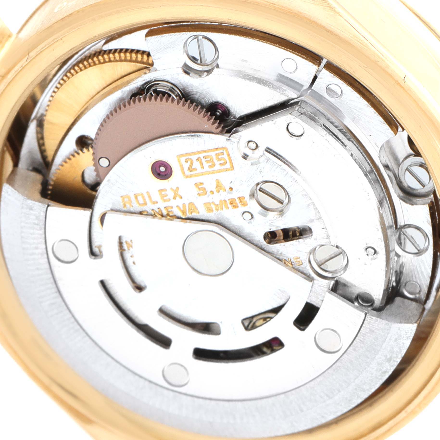 The image shows the inner mechanism of a Rolex President 69178 Women's Yellow Gold Blue Dial 69178 Women's Yellow Gold Blue Dial model watch, viewed from the back.