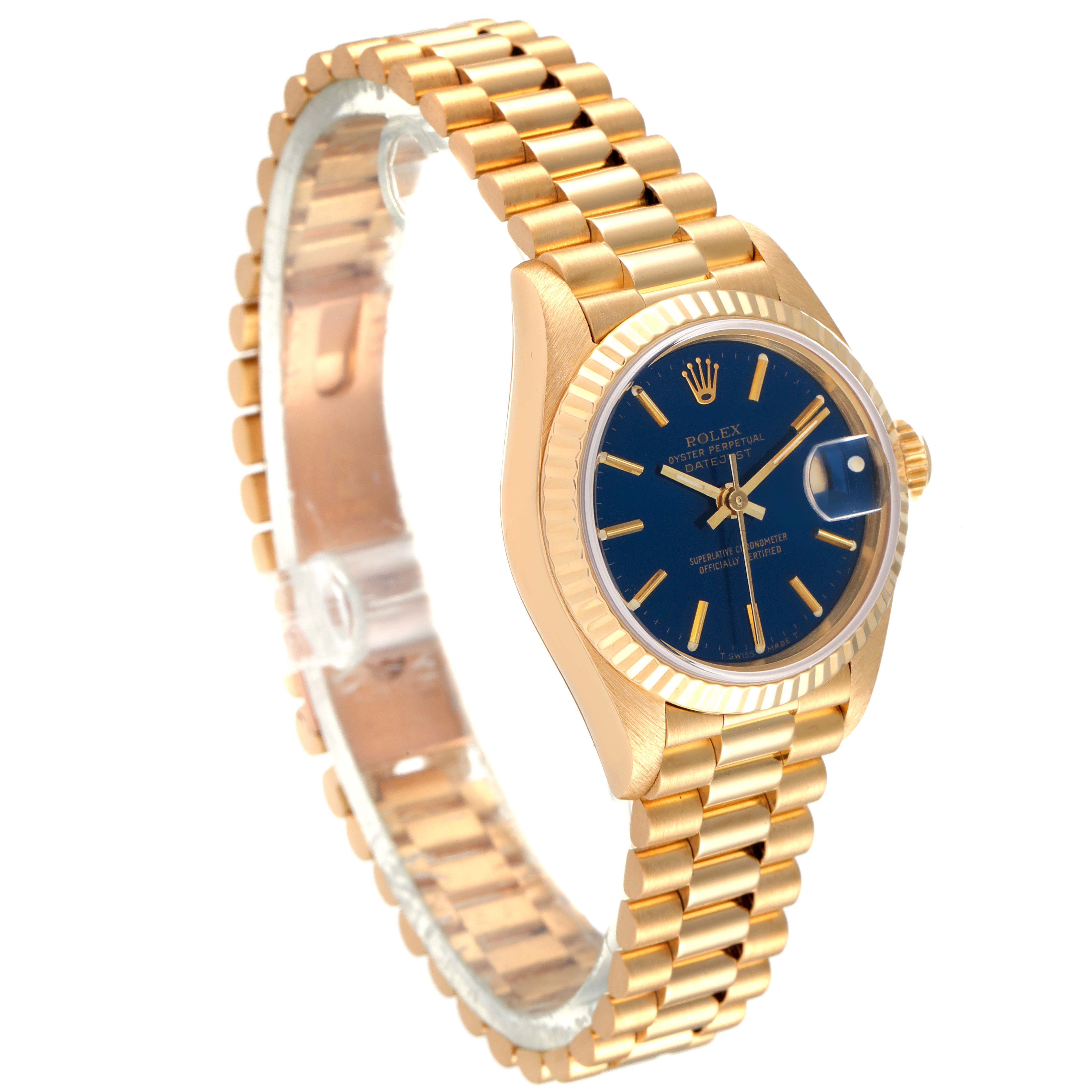 The Rolex President 69178 Women's Yellow Gold Blue Dial 69178 Women's Yellow Gold Blue Dial model watch is shown at a slight angle, highlighting the face, bezel, and bracelet.