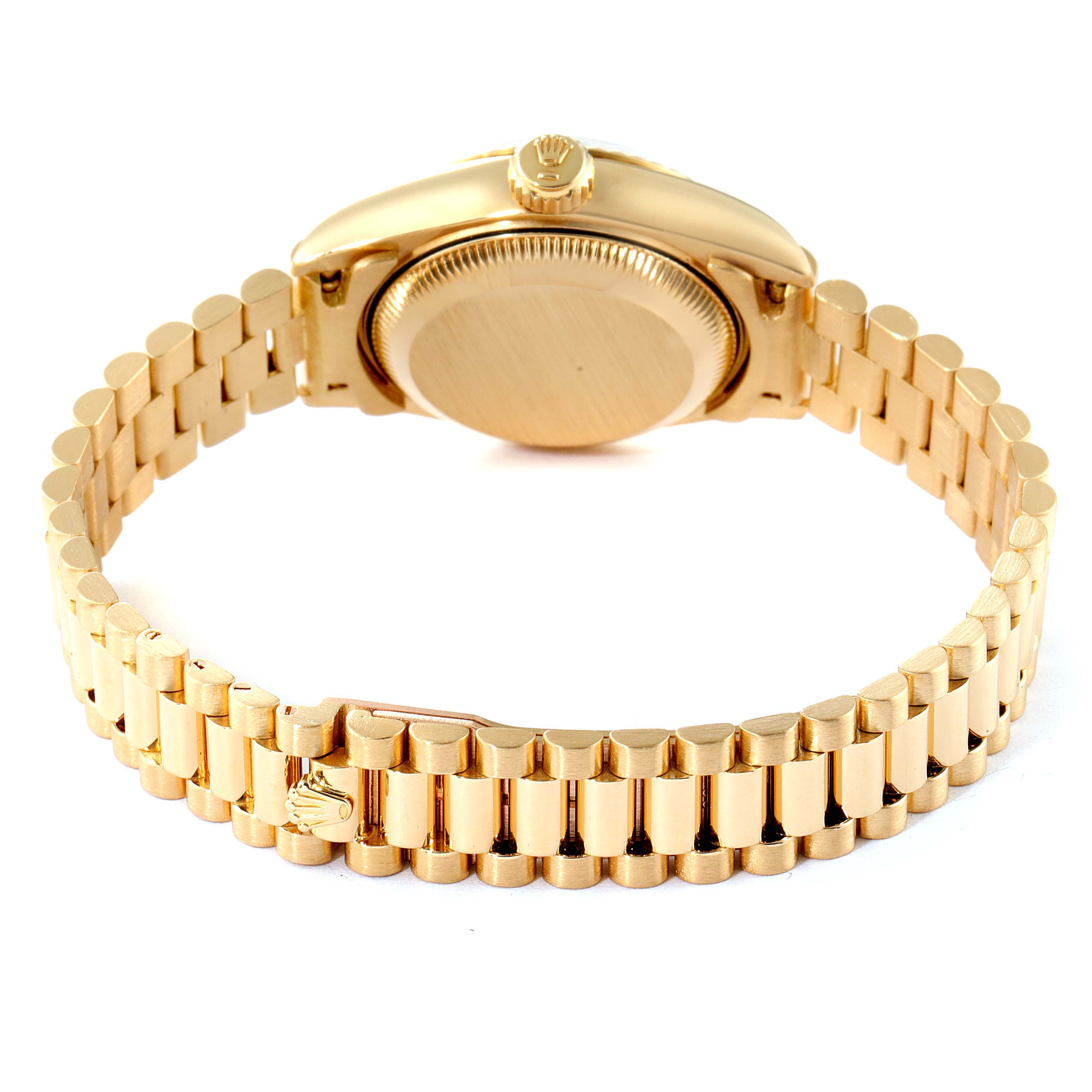 This image shows the back of a Rolex President 69178 Women's Yellow Gold Blue Dial 69178 Women's Yellow Gold Blue Dial model watch, highlighting its clasp and bracelet.