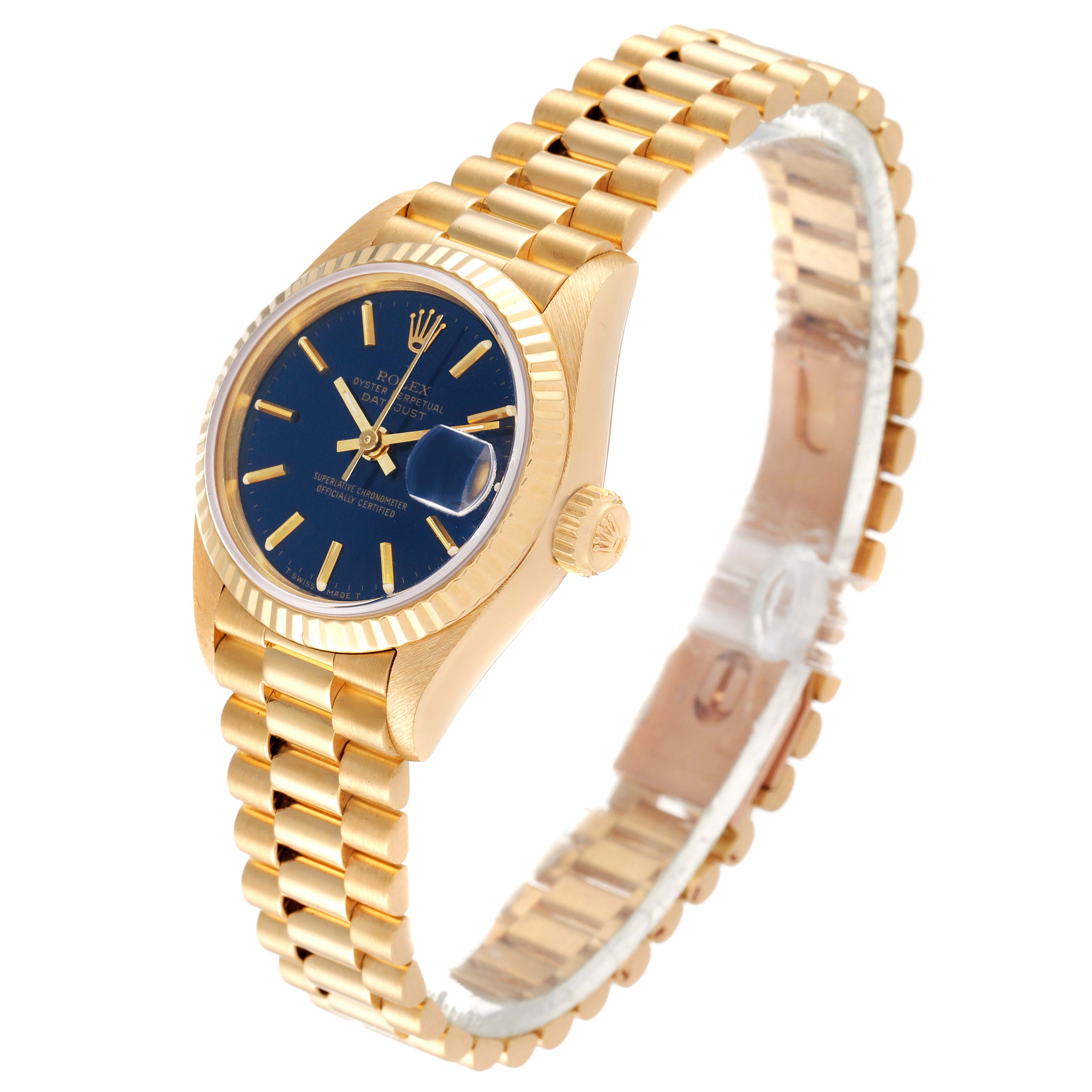 This image shows a Rolex President 69178 Women's Yellow Gold Blue Dial 69178 Women's Yellow Gold Blue Dial model watch at a three-quarter angle, highlighting the blue dial, fluted bezel, and gold bracelet.