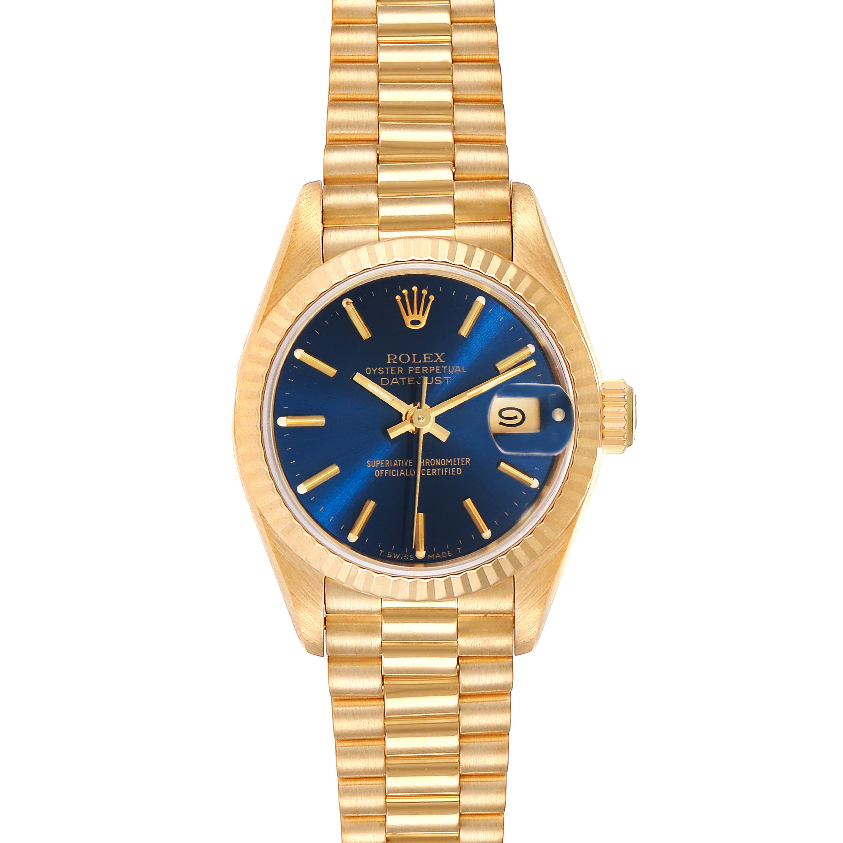 This image shows a Rolex President 69178 Women's Yellow Gold Blue Dial 69178 Women's Yellow Gold Blue Dial model watch from a top-down angle, highlighting the face, bezel, and band.