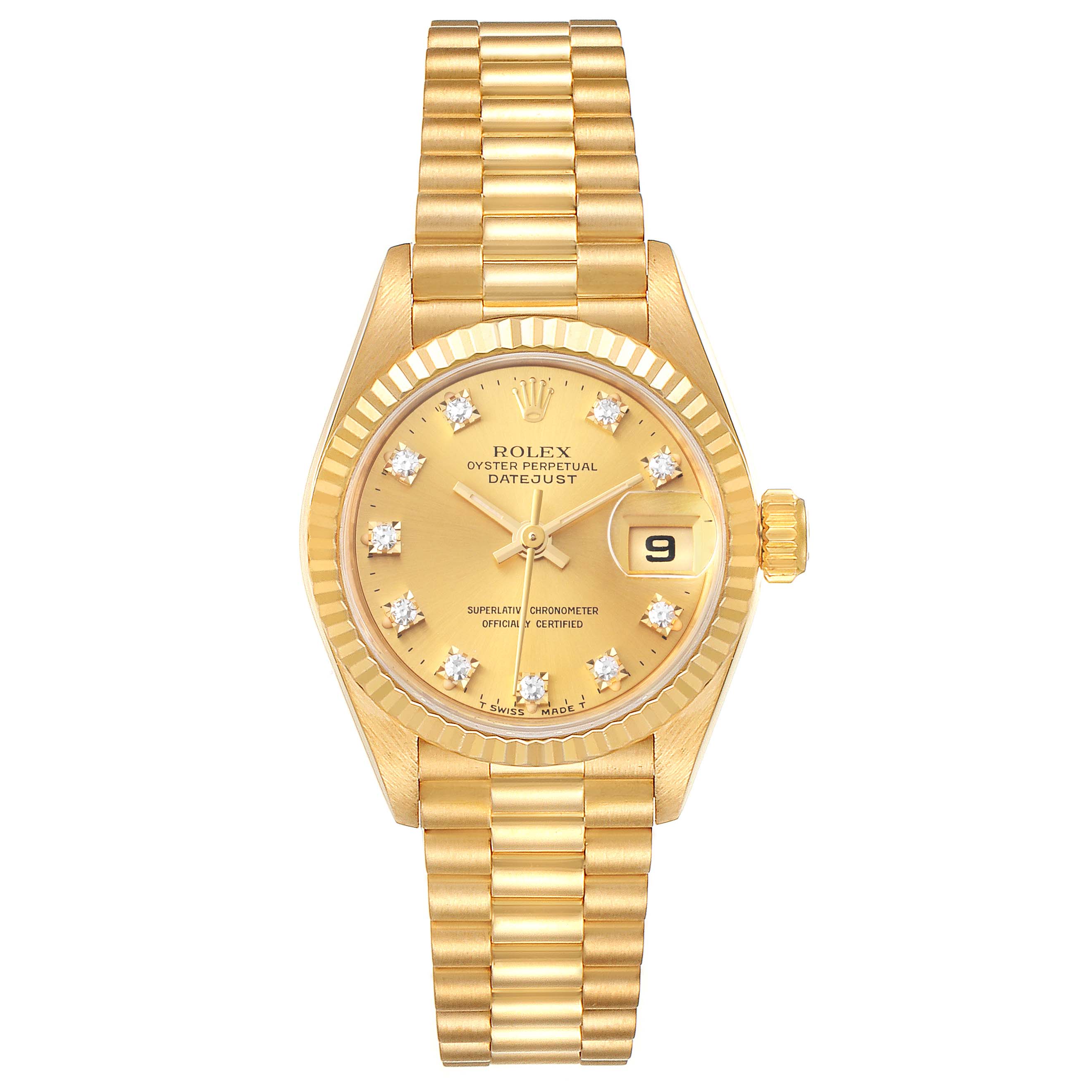 The image shows a front view of the Rolex President 69178 Women
s Yellow Gold Champagne Dial 69178 Women
s Yellow Gold Champagne Dial model watch, displaying the dial, bracelet, and date feature.