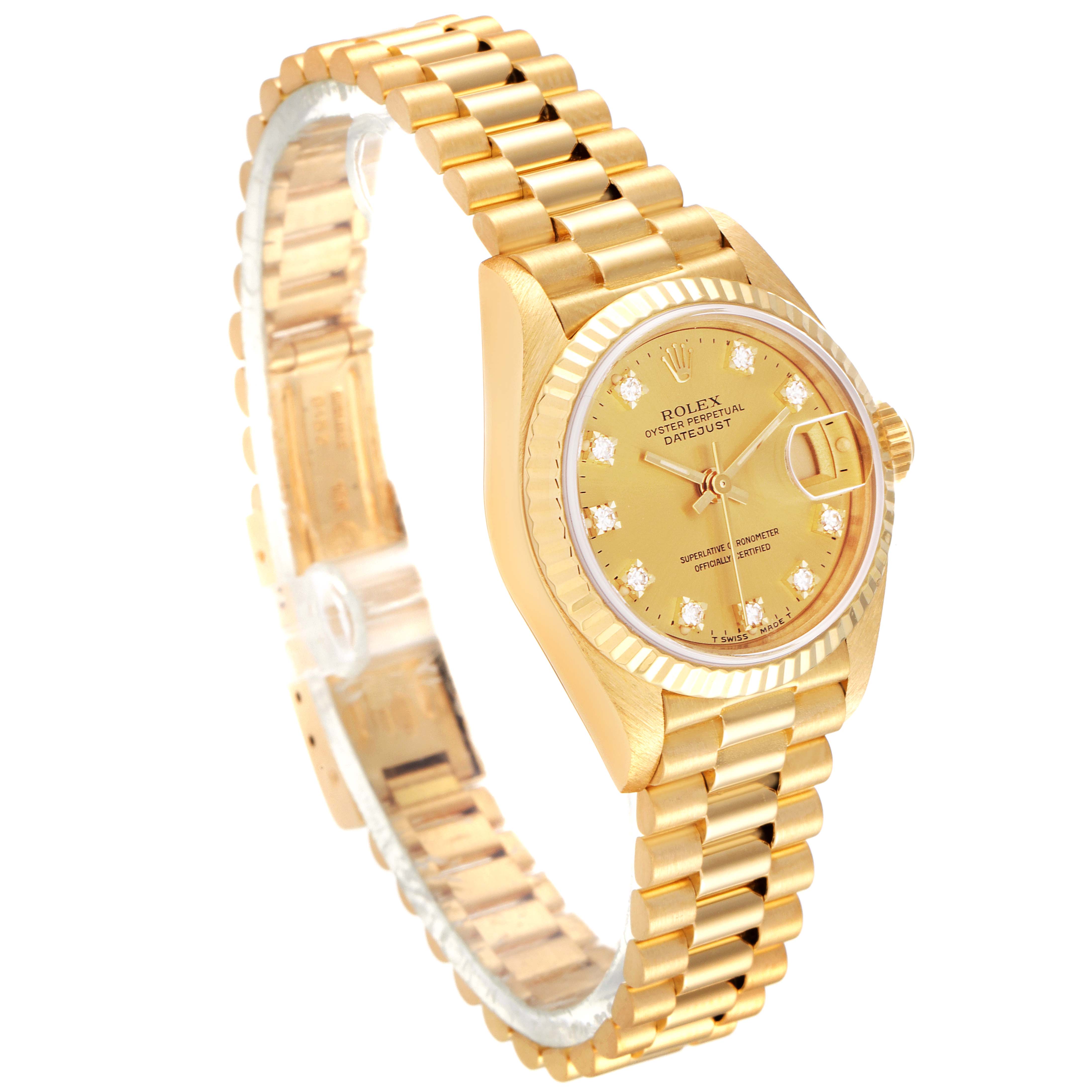 The image shows a President model Rolex watch at a slight angle, highlighting the gold bracelet, round dial, and date window.