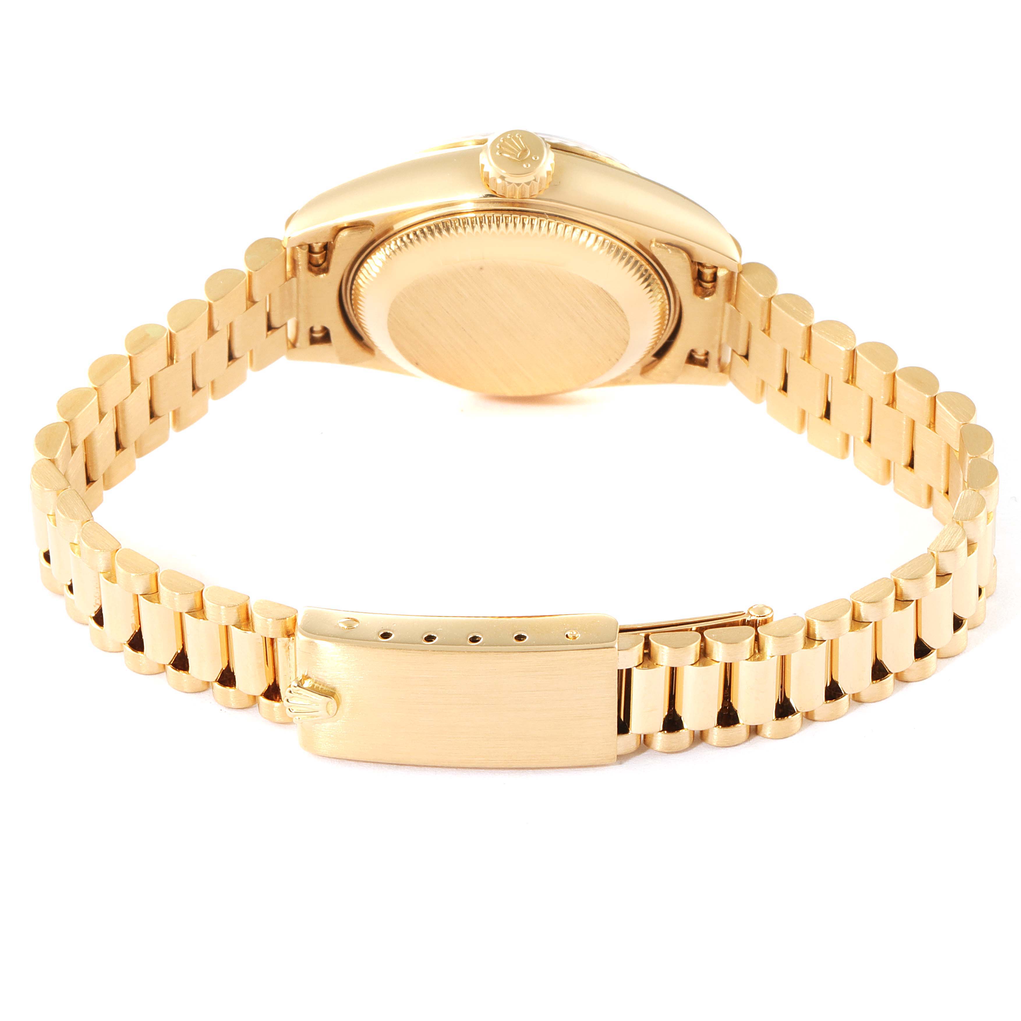 The image shows the back case and bracelet clasp of a Rolex President 69178 Women
s Yellow Gold Champagne Dial 69178 Women
s Yellow Gold Champagne Dial model watch.