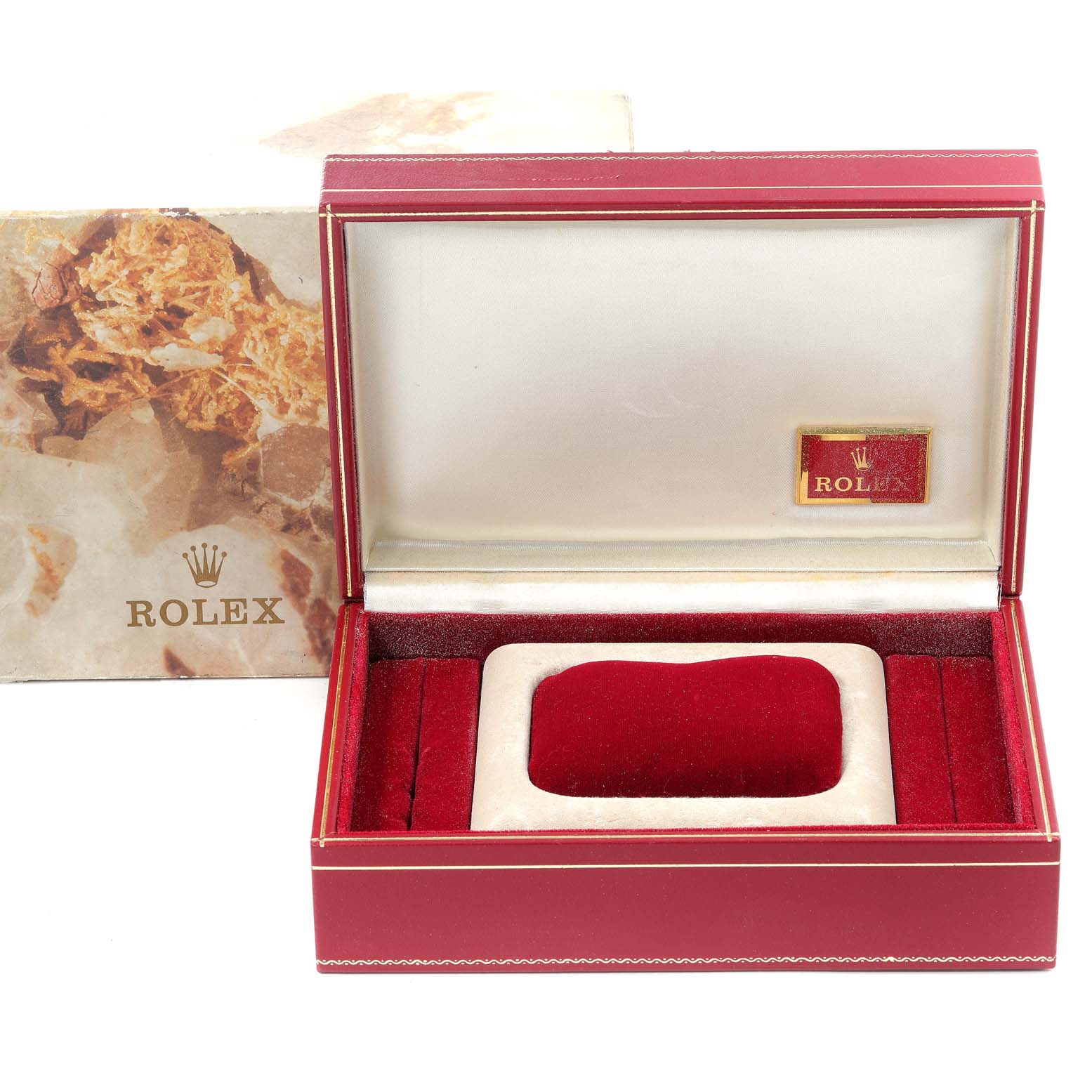 This image shows the open red presentation box and outer packaging for a Rolex President 69178 Women
s Yellow Gold Champagne Dial 69178 Women
s Yellow Gold Champagne Dial model watch.
