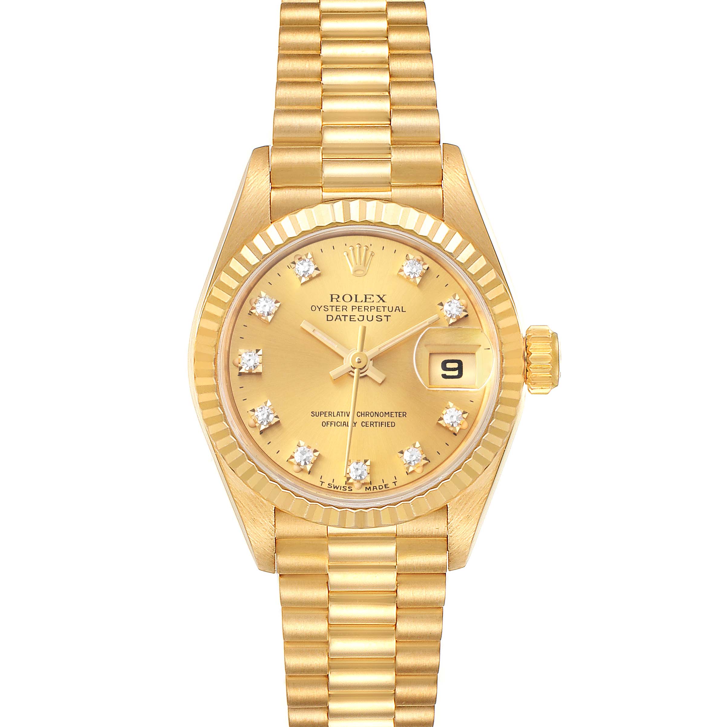 This image shows a front view of the Rolex President 69178 Women
s Yellow Gold Champagne Dial 69178 Women
s Yellow Gold Champagne Dial Datejust model watch, highlighting the dial, bezel, crown, and bracelet.