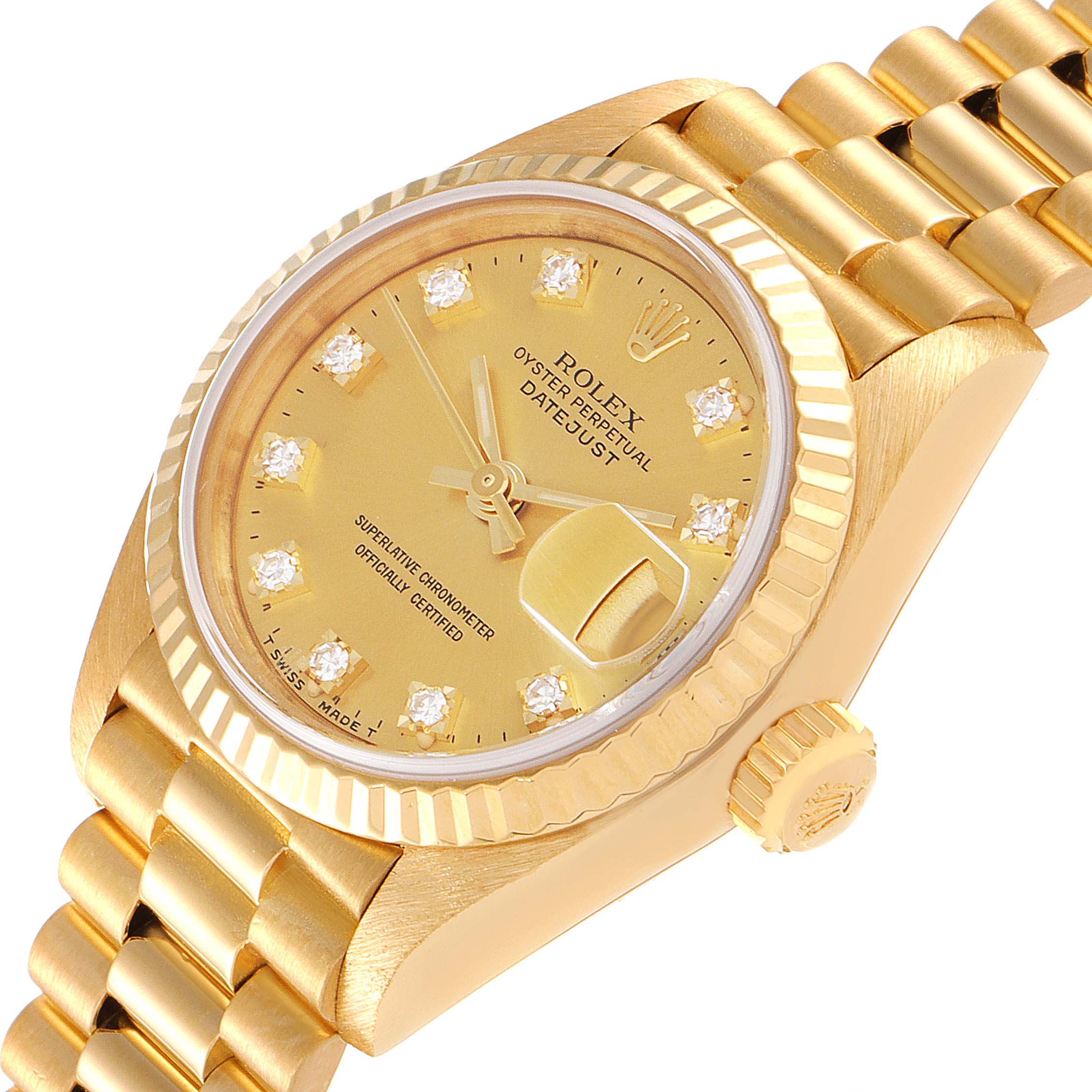 The image shows a close-up angled view of a Rolex President 69178 Women
s Yellow Gold Champagne Dial 69178 Women
s Yellow Gold Champagne Dial model, highlighting its gold watch face, crown, and band.