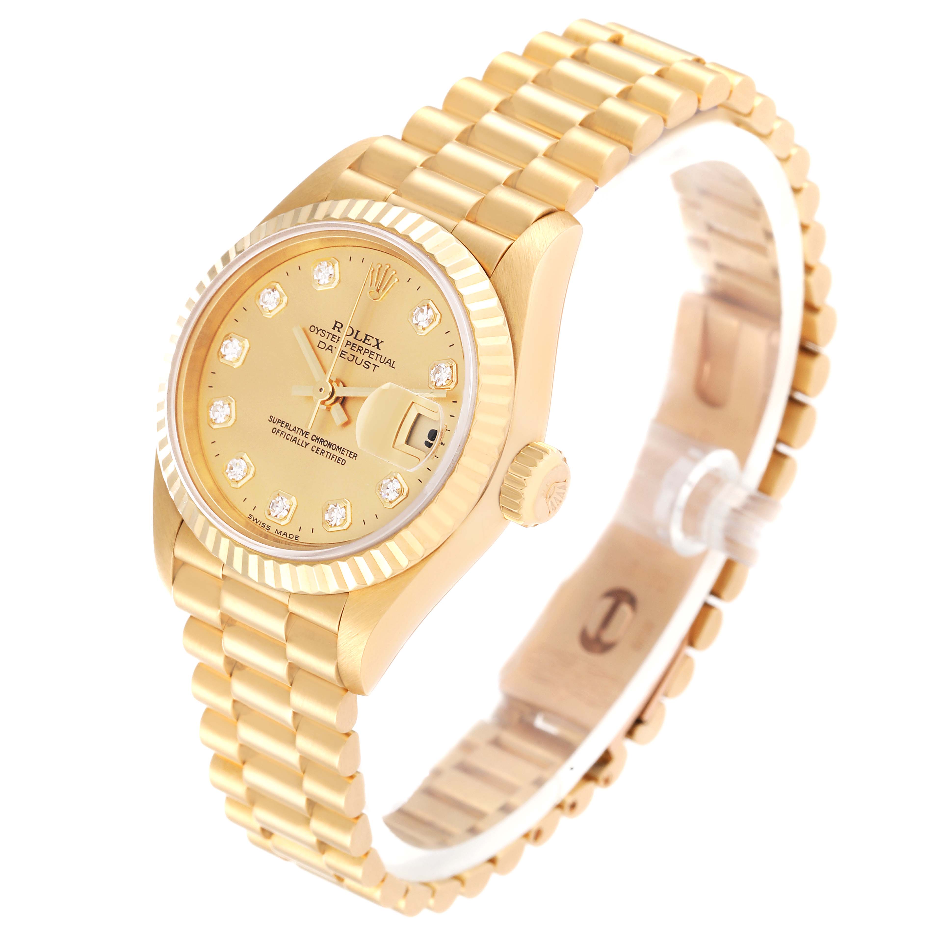 The Rolex President 79178 Women
s Yellow Gold Champagne Dial 79178 Women
s Yellow Gold Champagne Dial model watch is shown at a slight angle, highlighting its gold bracelet, fluted bezel, and diamond-set dial.