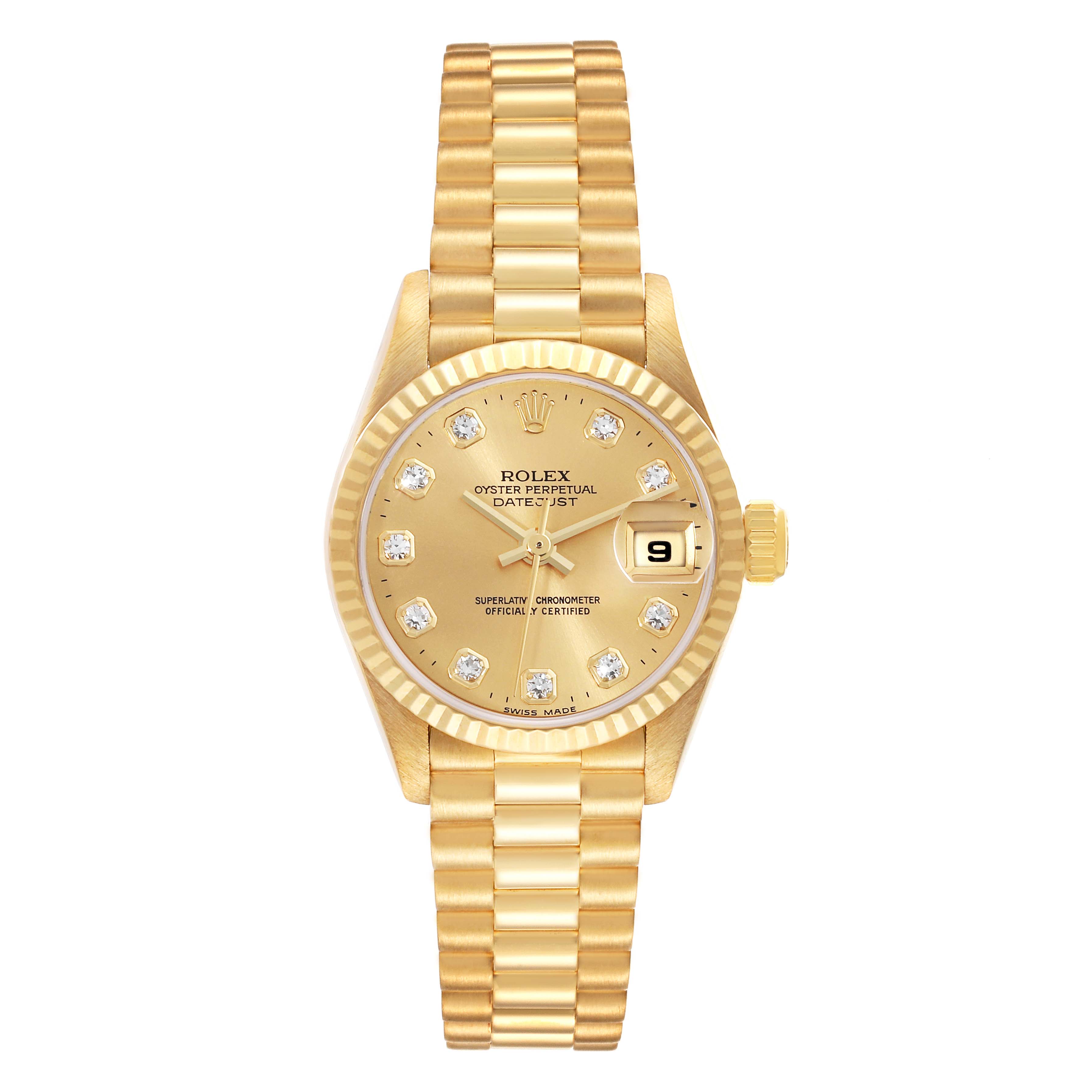 The Rolex President 79178 Women
s Yellow Gold Champagne Dial 79178 Women
s Yellow Gold Champagne Dial model is shown from a top-down angle, displaying the face, dial, bracelet, and crown.