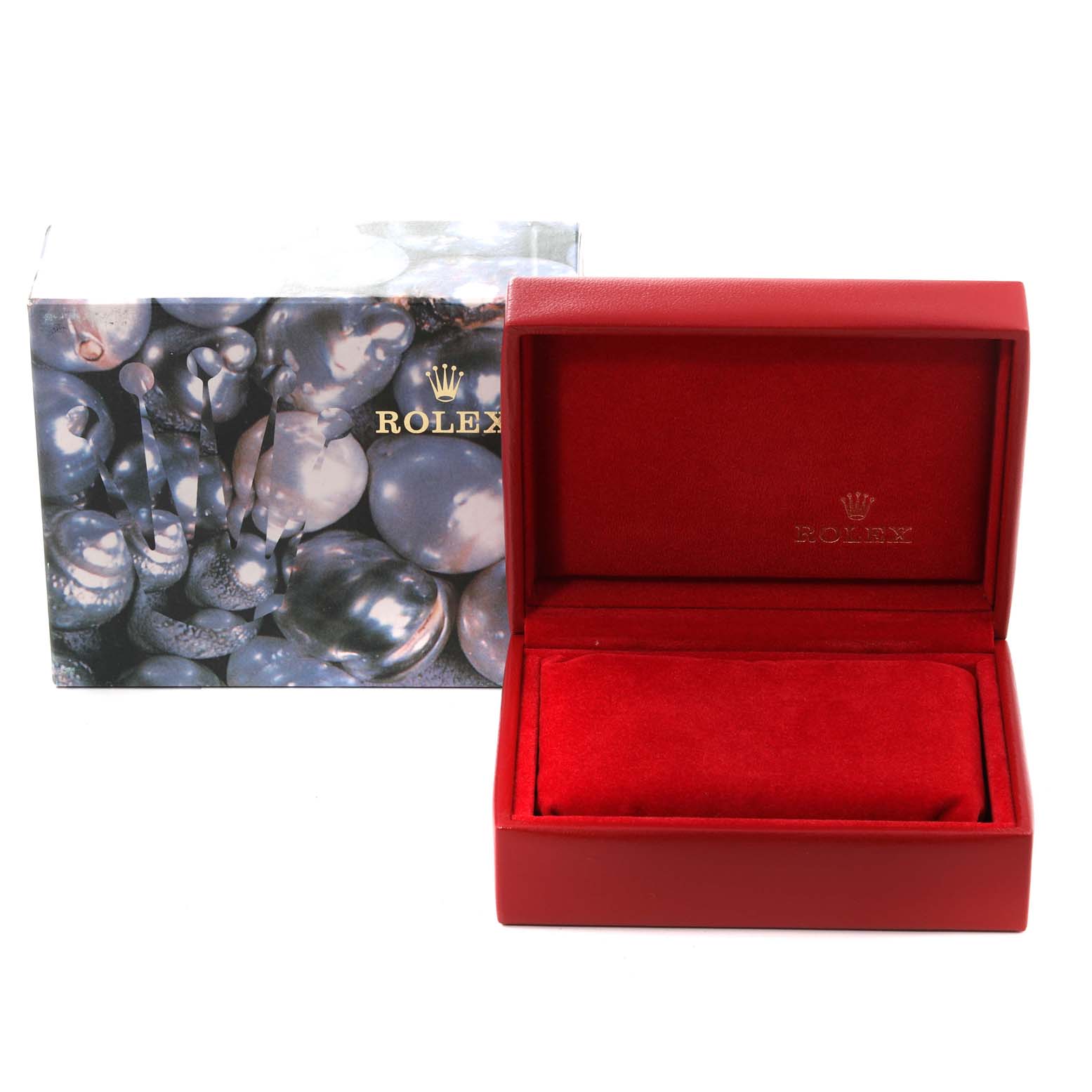 The image shows a Rolex President 79178 Women
s Yellow Gold Champagne Dial 79178 Women
s Yellow Gold Champagne Dial model watch box, featuring an outer box with a Rolex logo and an open red inner box.