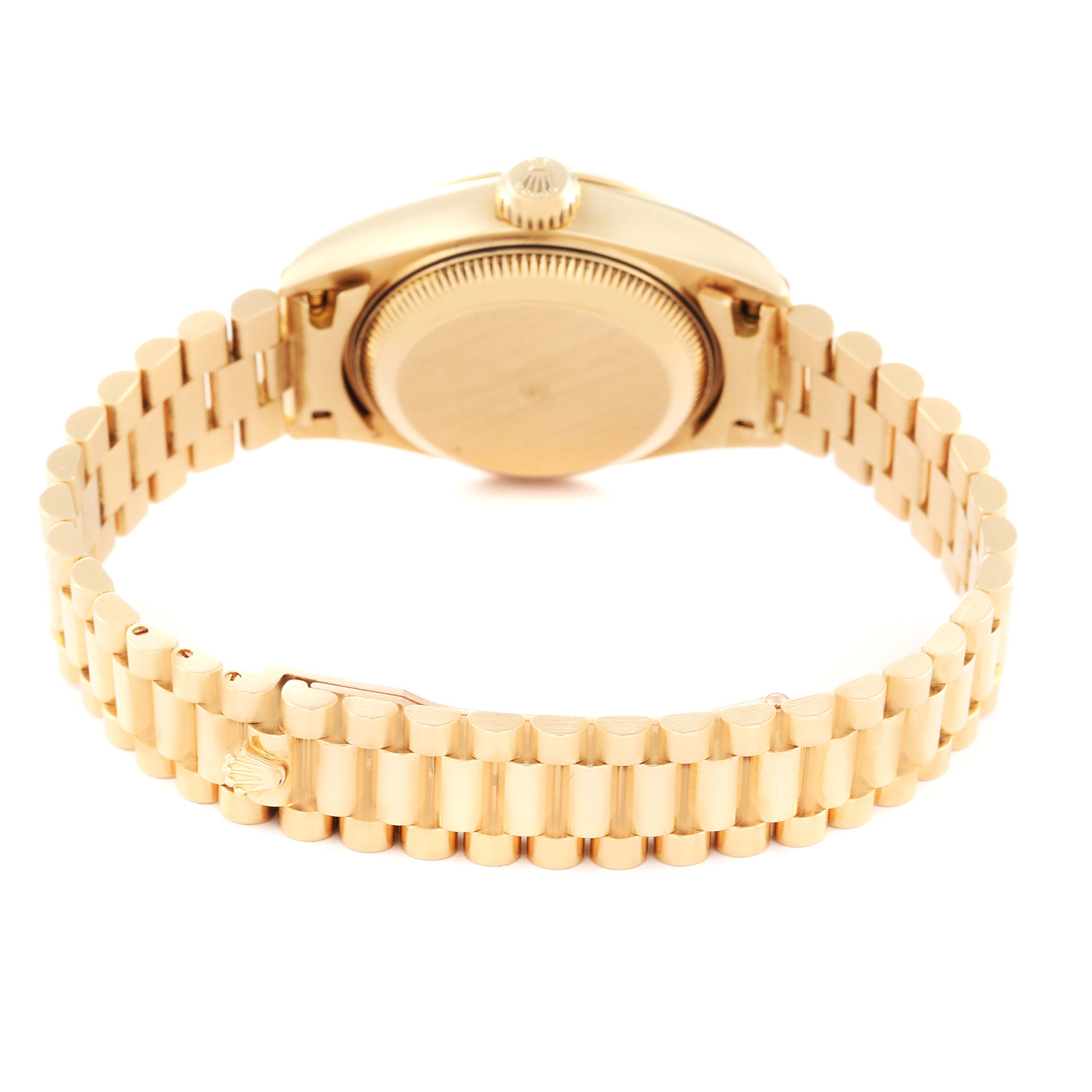 This image shows the back case and bracelet of a Rolex President 79178 Women
s Yellow Gold Champagne Dial 79178 Women
s Yellow Gold Champagne Dial model watch from a slightly elevated rear angle.