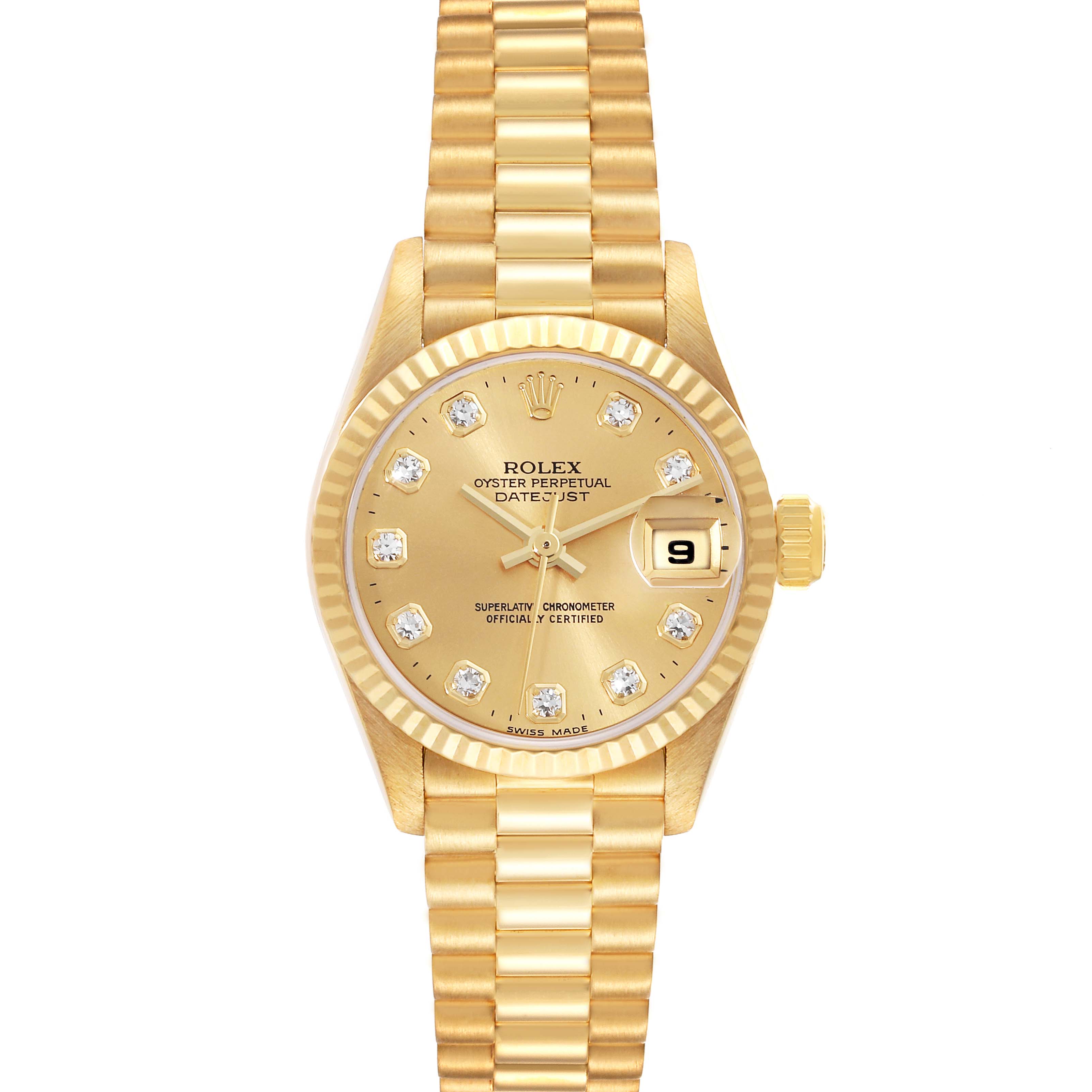 The image shows a Rolex President 79178 Women
s Yellow Gold Champagne Dial 79178 Women
s Yellow Gold Champagne Dial model watch, showcasing its gold bracelet, dial, hands, date window, and fluted bezel from a top-down view.
