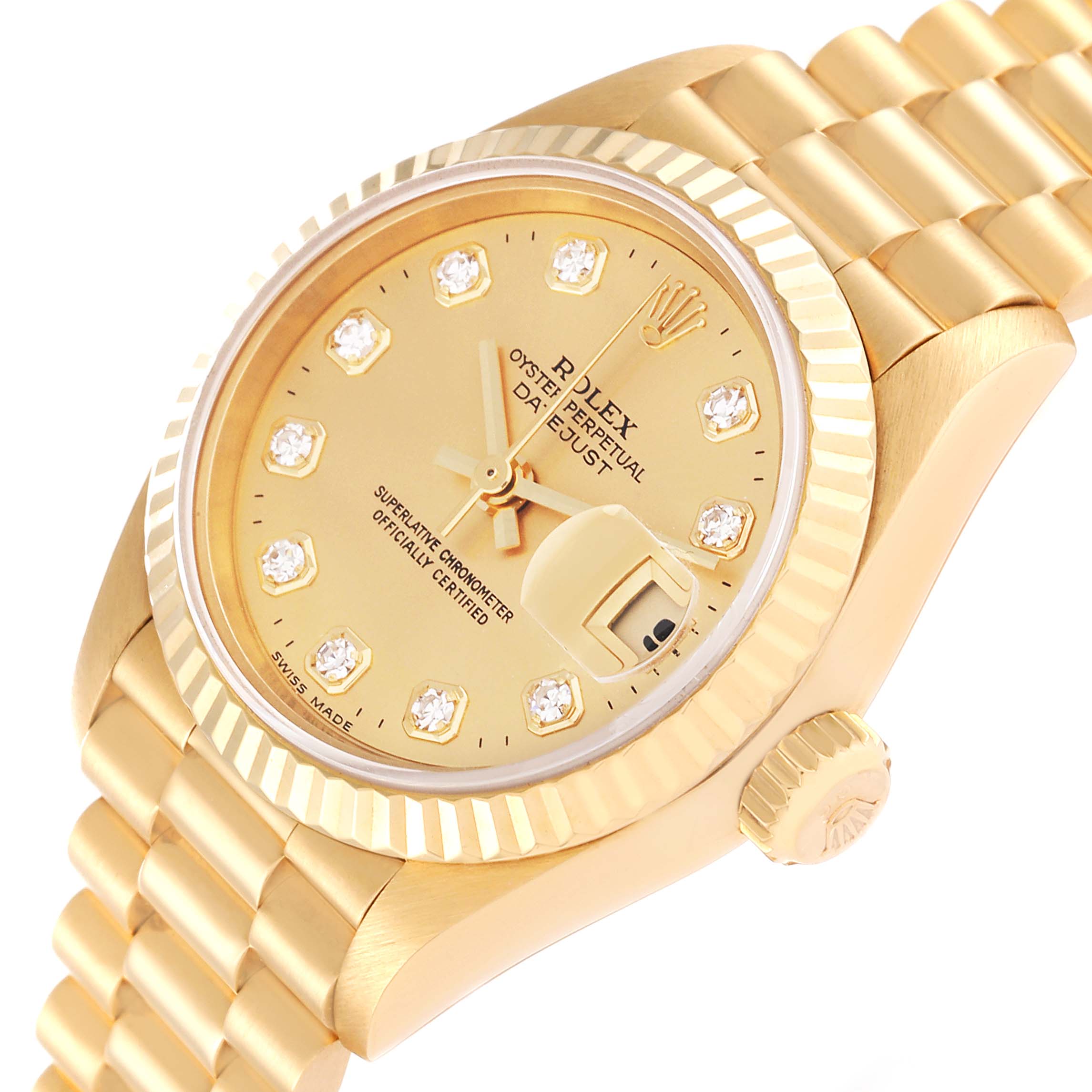 The image shows a Rolex President 79178 Women
s Yellow Gold Champagne Dial 79178 Women
s Yellow Gold Champagne Dial watch at an angled close-up, displaying the dial, crown, and bracelet.