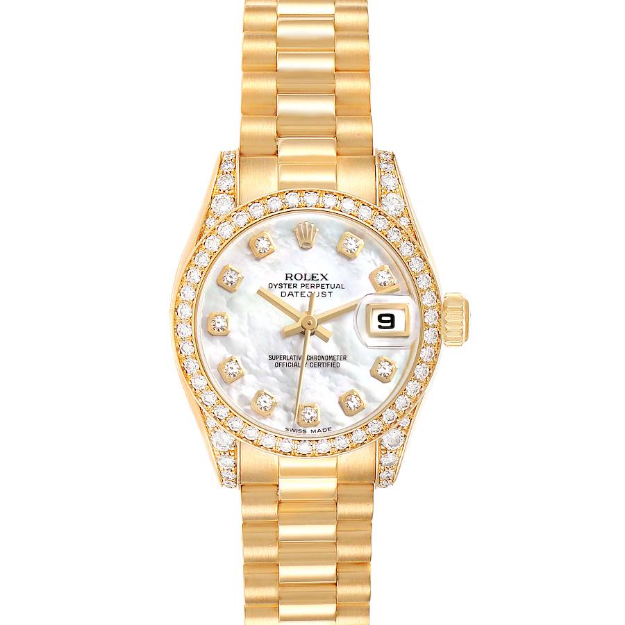 The image shows a front view of a Rolex President model, highlighting its diamond bezel, dial, and bracelet.