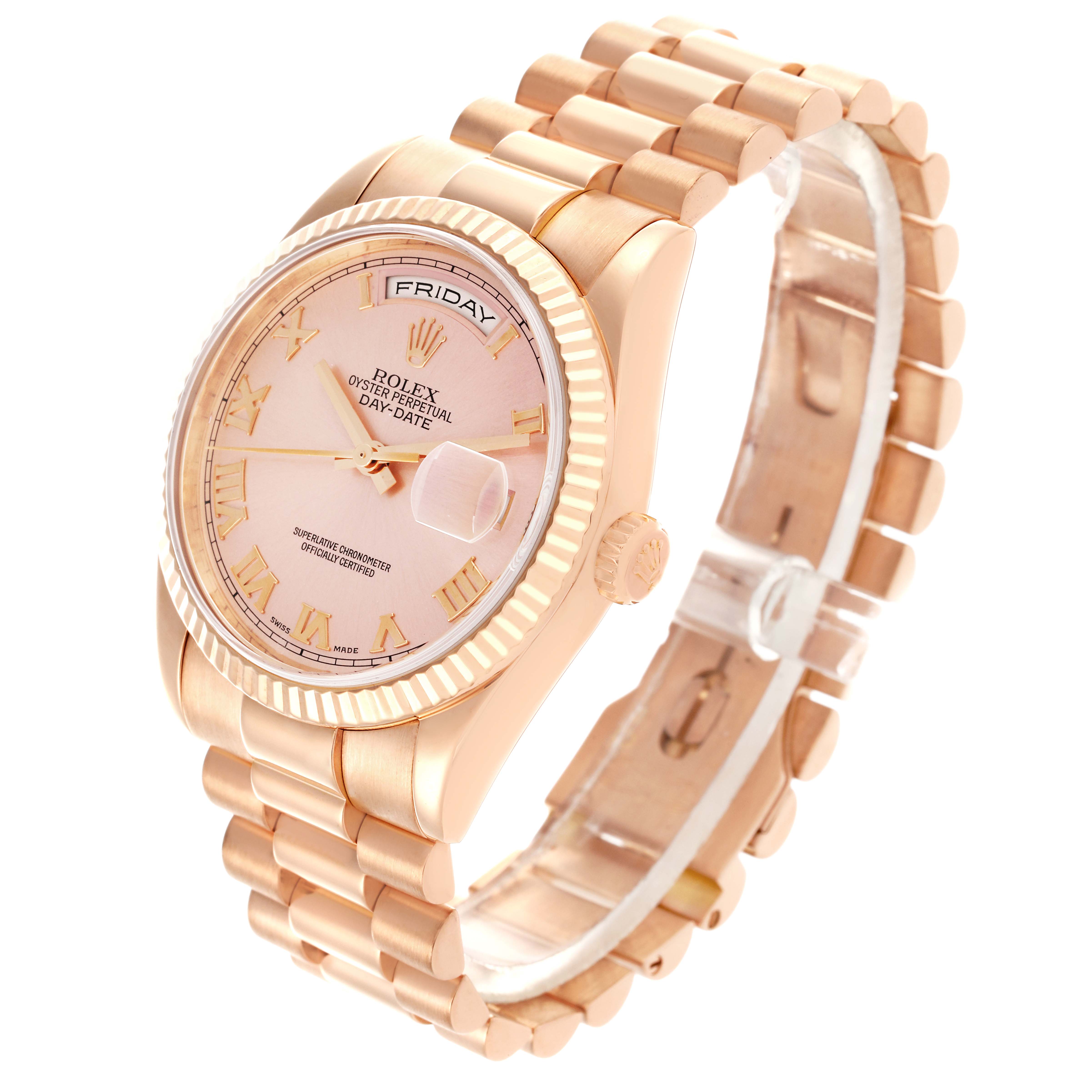 The Rolex President 118235 Men
s Rose Gold Pink Dial 118235 Men
s Rose Gold Pink Dial model is shown at a three-quarter angle, displaying the face, bezel, and part of the bracelet.