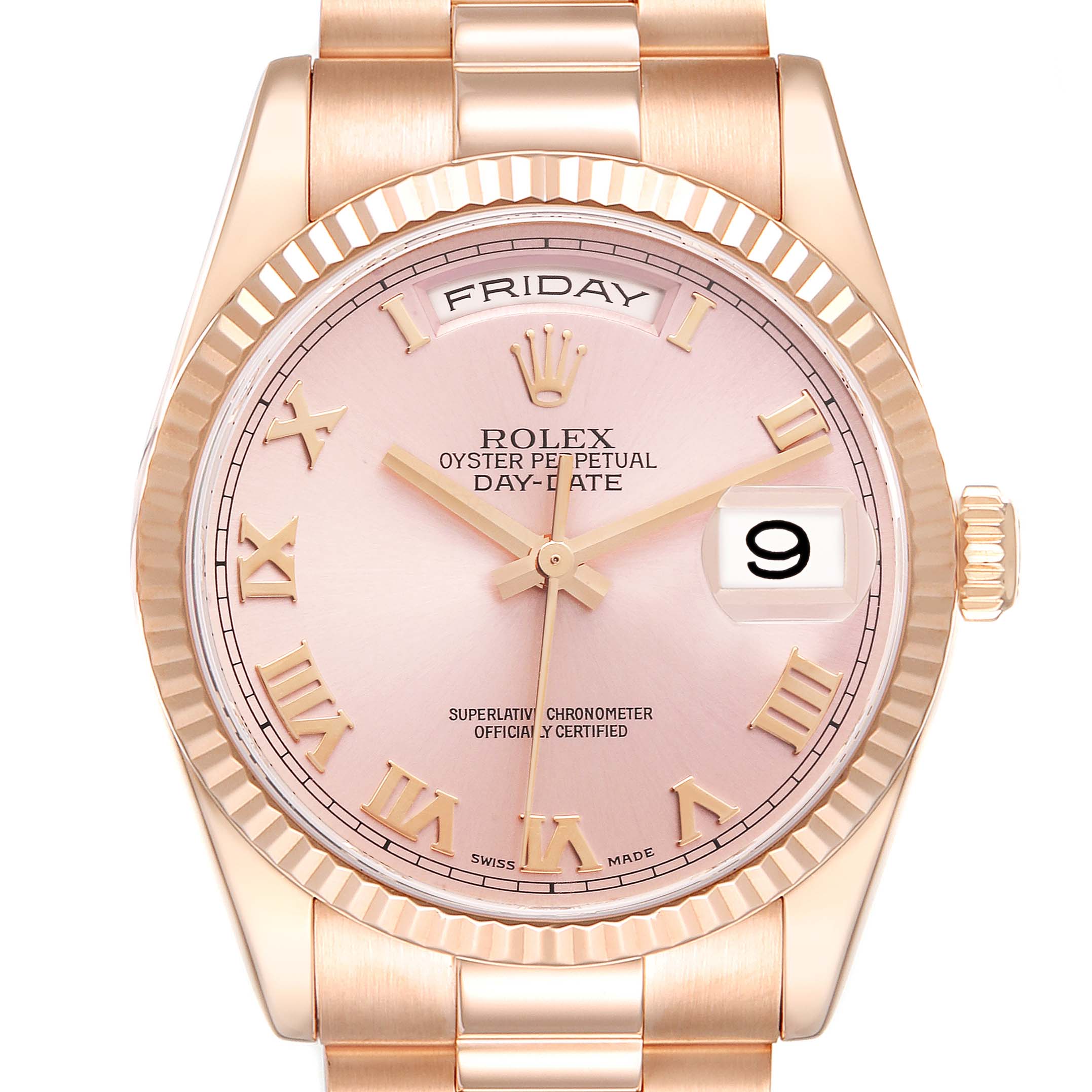 The Rolex President 118235 Men
s Rose Gold Pink Dial 118235 Men
s Rose Gold Pink Dial model is shown from the front, highlighting its face, fluted bezel, and bracelet.