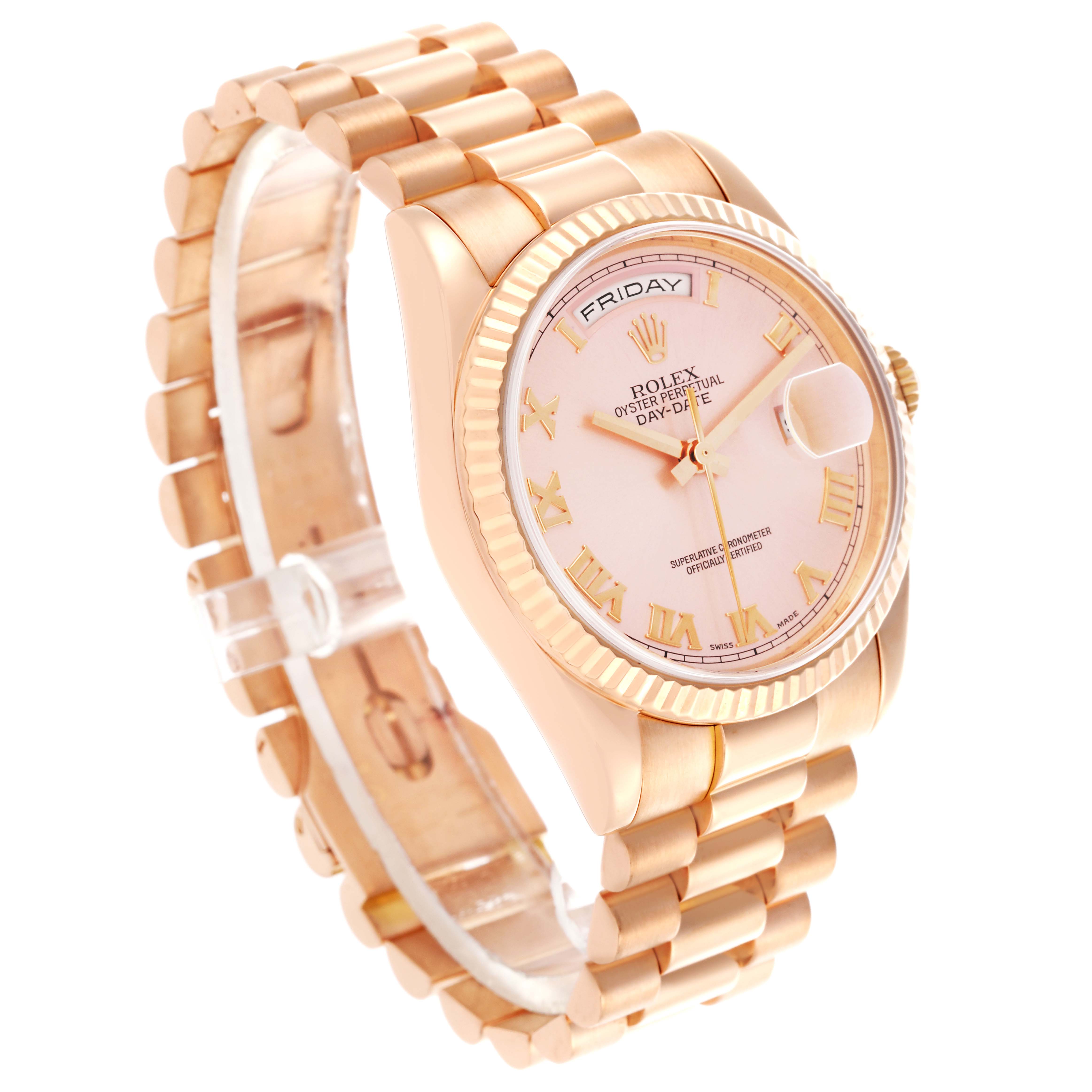 The Rolex President 118235 Men
s Rose Gold Pink Dial 118235 Men
s Rose Gold Pink Dial watch is shown at an angled view highlighting the dial, fluted bezel, and gold bracelet.
