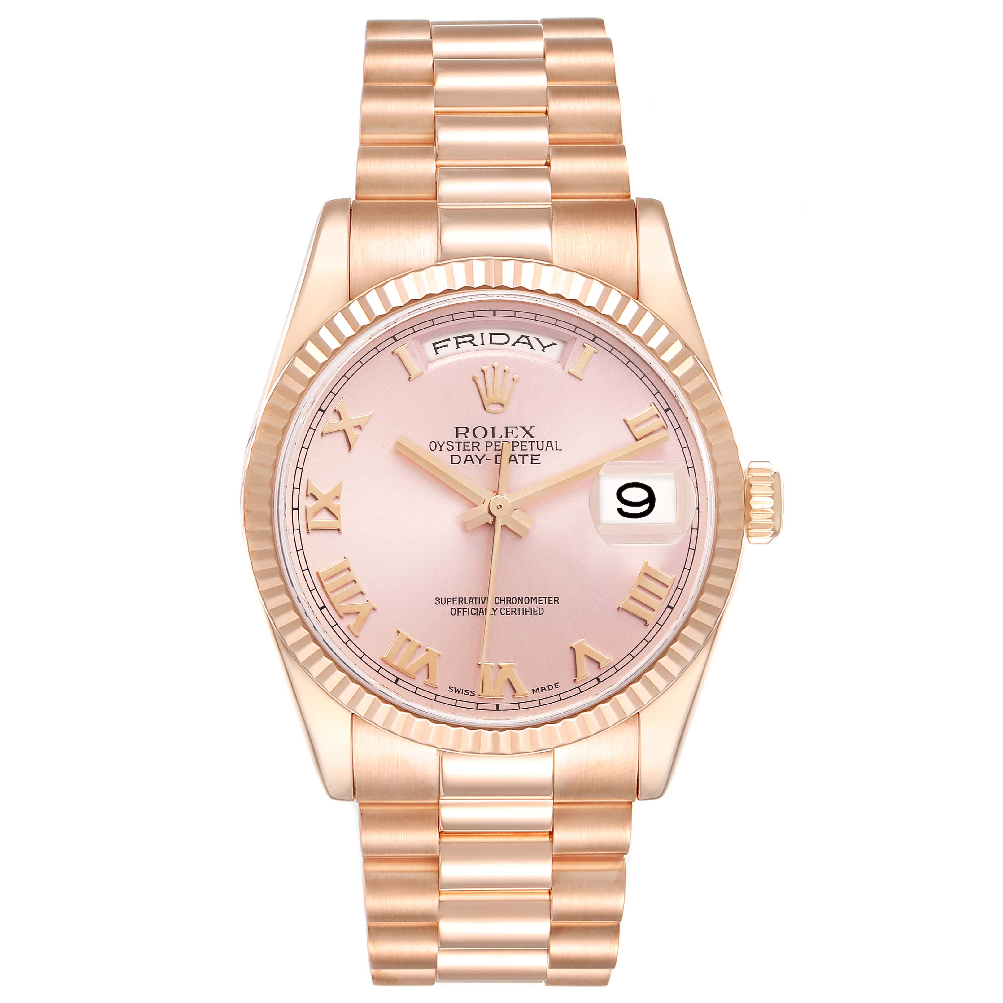 The Rolex President 118235 Men
s Rose Gold Pink Dial 118235 Men
s Rose Gold Pink Dial watch is shown from a front angle, displaying the dial, bracelet, and day-date features.