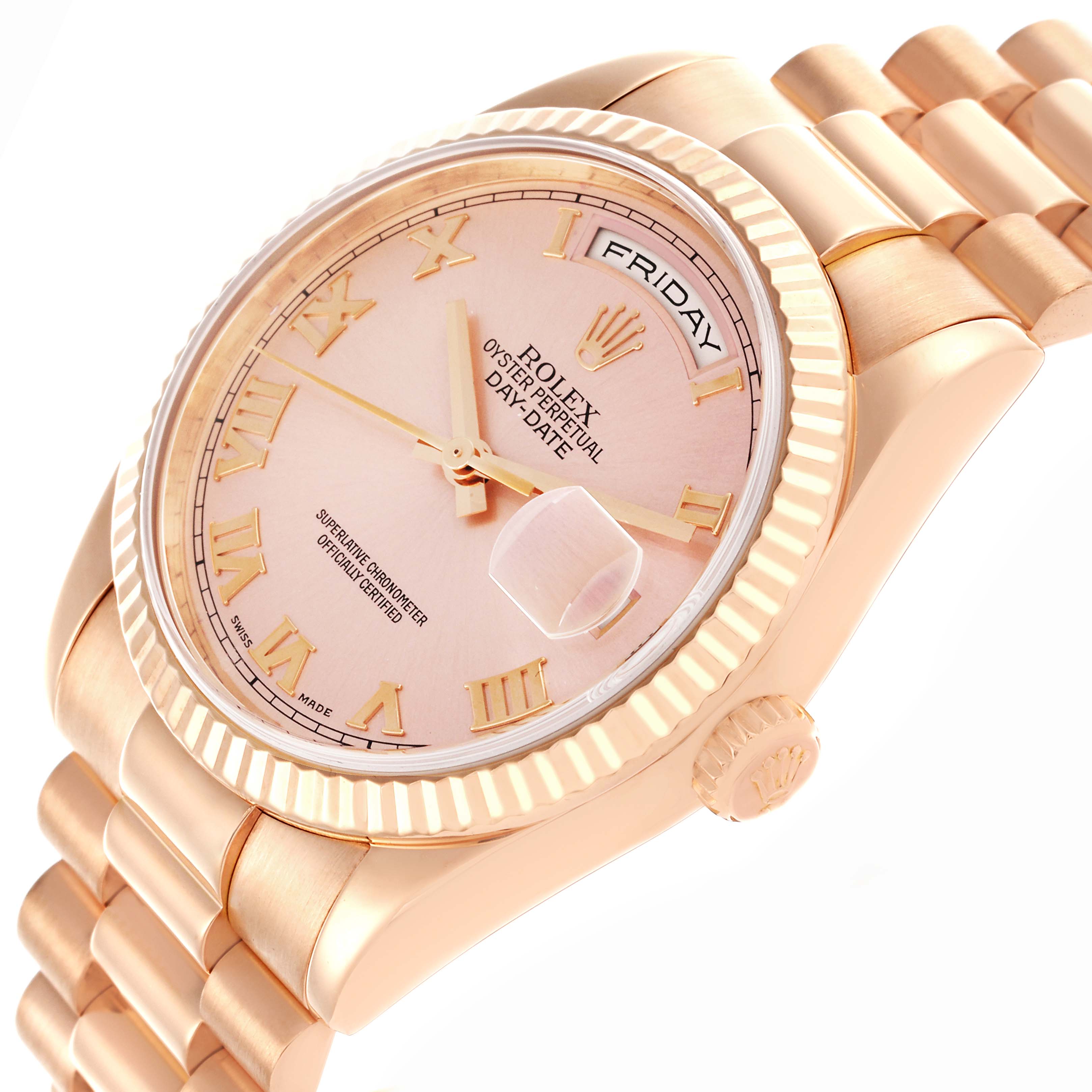 The Rolex President 118235 Men
s Rose Gold Pink Dial 118235 Men
s Rose Gold Pink Dial model is shown at an angle highlighting the face, crown, and part of the bracelet.