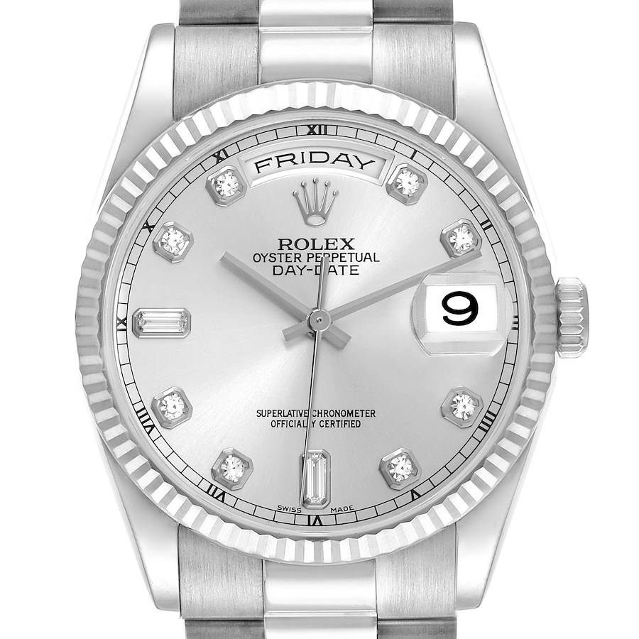 The Rolex President model watch is shown from the front, displaying its dial, bezel, bracelet, and crown.