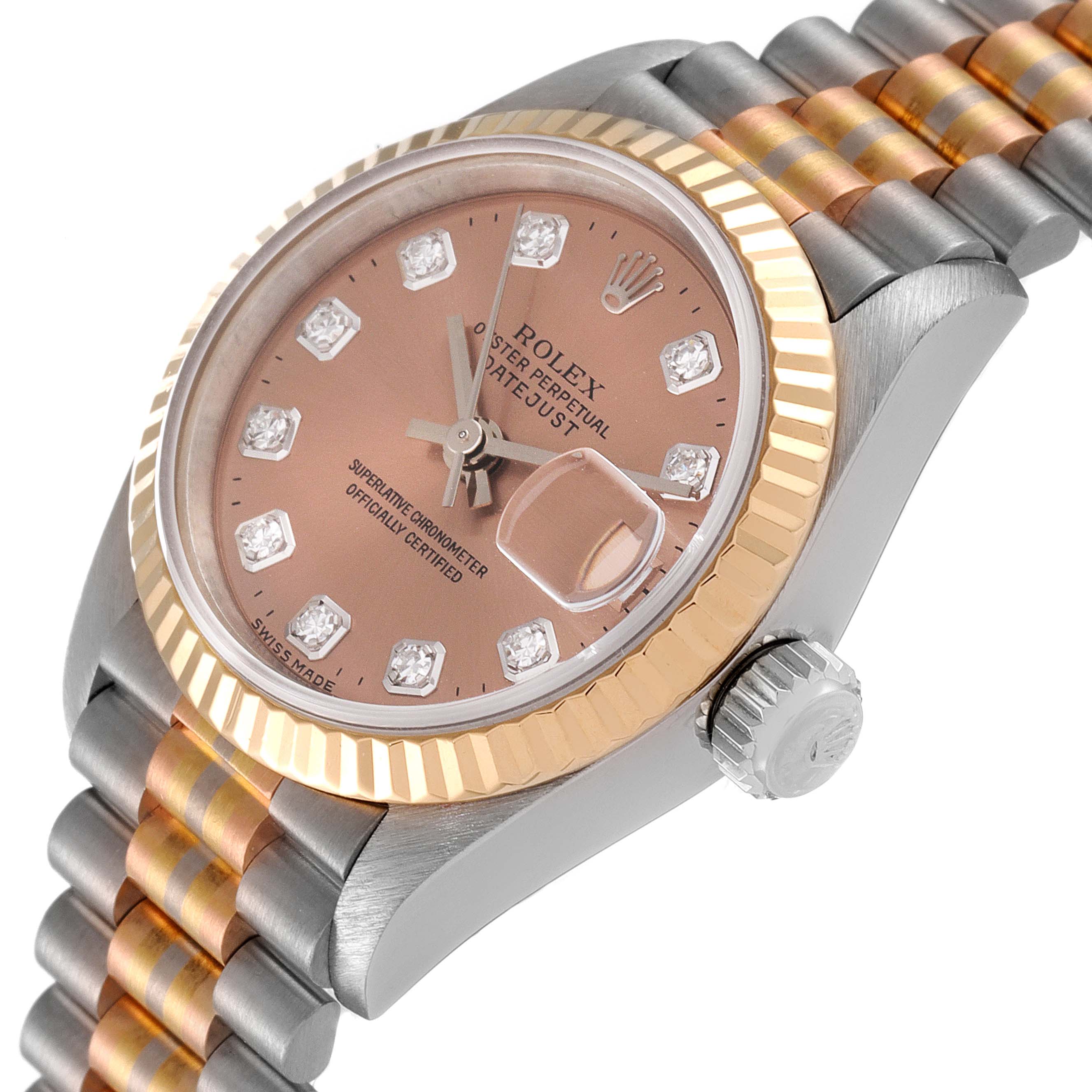 The image shows a close-up side angle of a Rolex President 69179 Women's White Gold Brown Dial 69179 Women's White Gold Brown Dial model watch, highlighting its dial, bezel, crown, and bracelet.