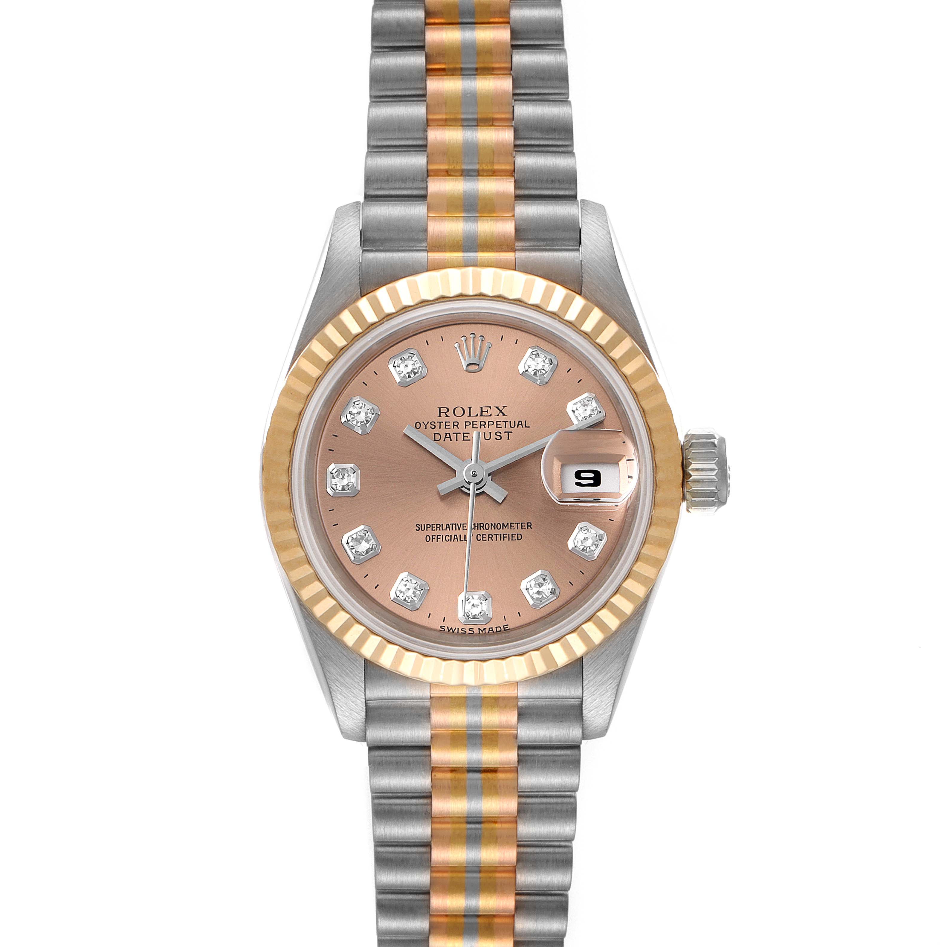 The image shows a front view of a Rolex President 69179 Women's White Gold Brown Dial 69179 Women's White Gold Brown Dial model watch with a two-tone bracelet and diamond hour markers.