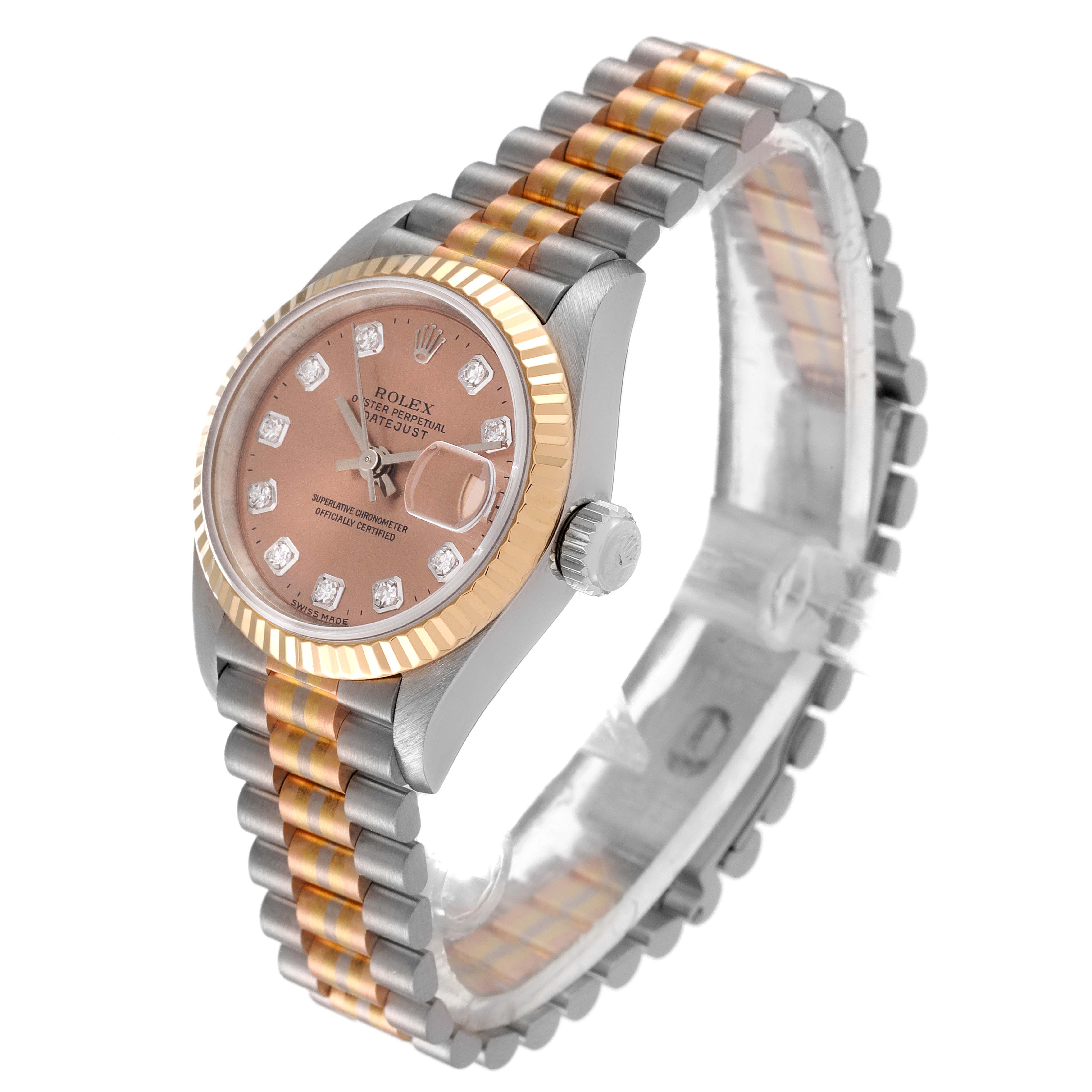 The Rolex President 69179 Women's White Gold Brown Dial 69179 Women's White Gold Brown Dial model is shown at a three-quarter angle, displaying the face, bezel, crown, and band.