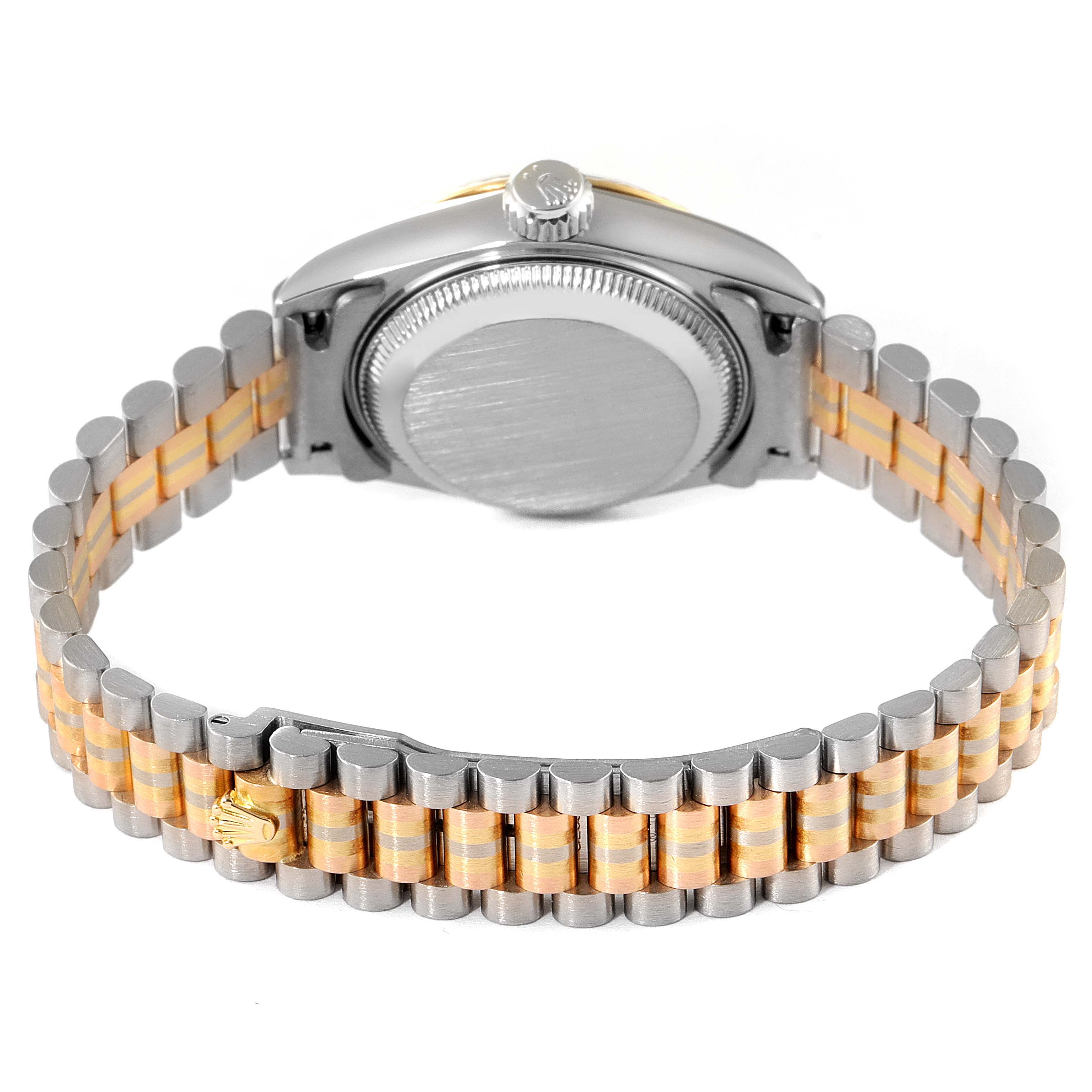 The image shows the back case and bracelet of a Rolex President 69179 Women's White Gold Brown Dial 69179 Women's White Gold Brown Dial model watch from a rear angle.