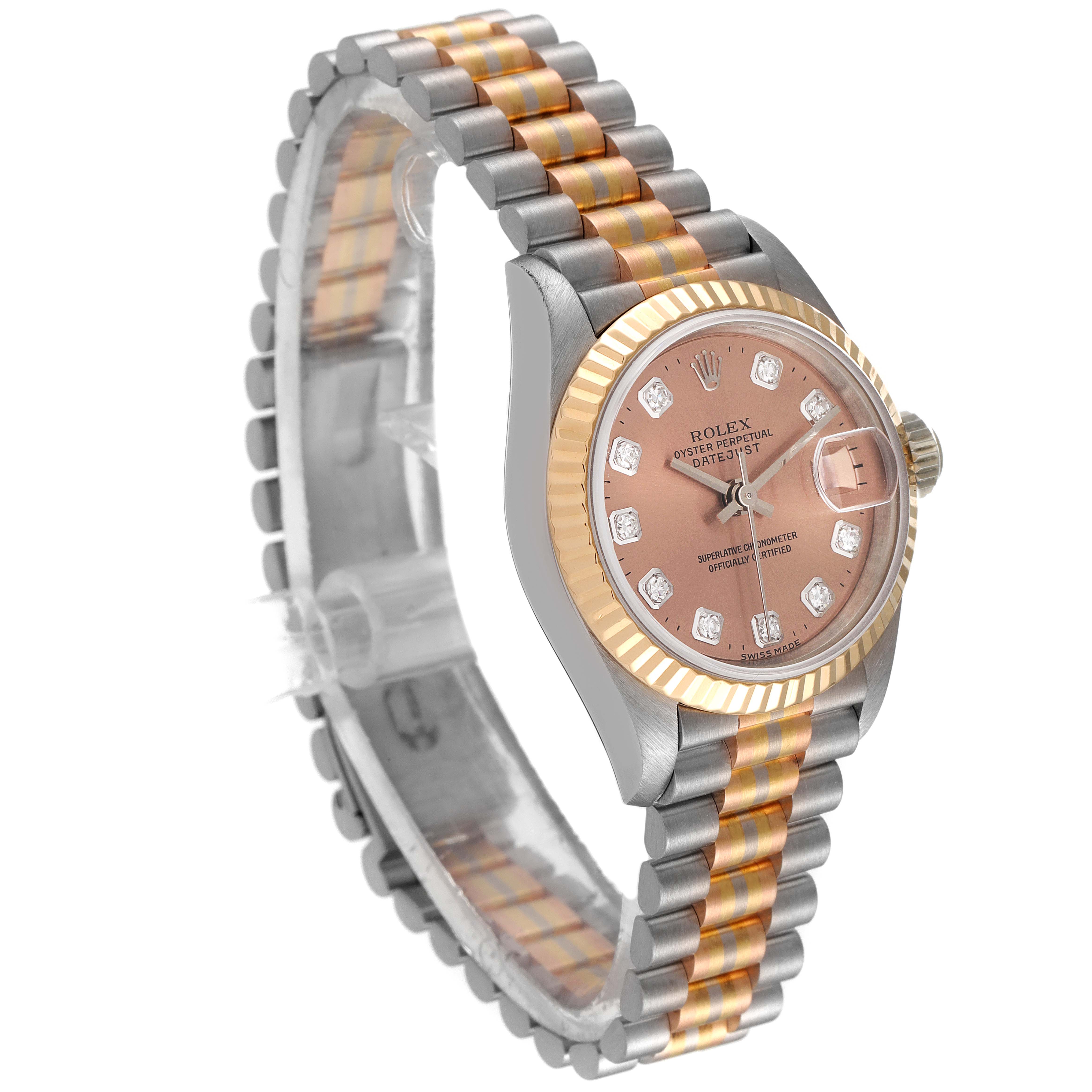 The Rolex President 69179 Women's White Gold Brown Dial 69179 Women's White Gold Brown Dial model watch is shown at a slight angle, highlighting its two-tone bracelet, fluted bezel, and diamond markers on the dial.