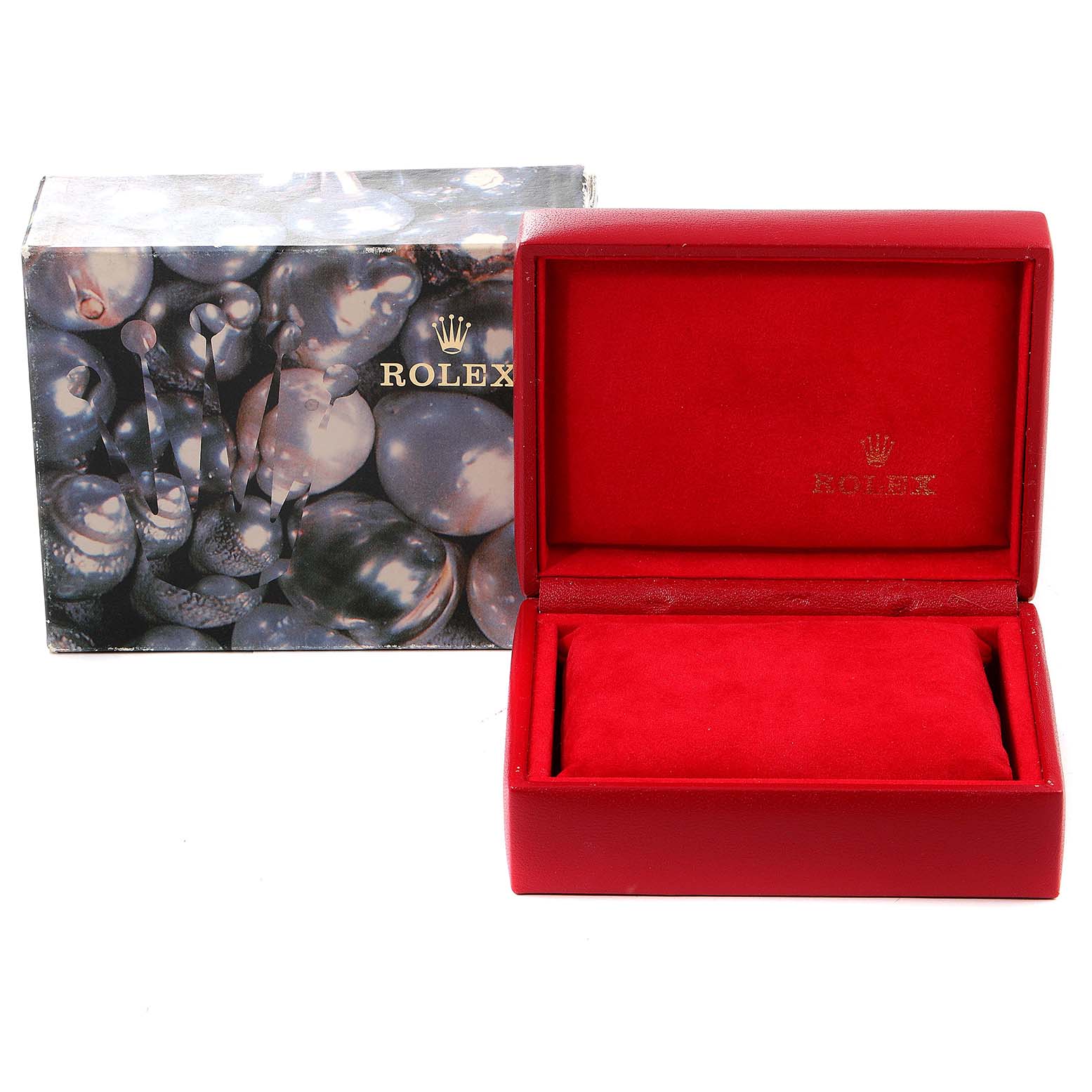 The image shows a red Rolex watch box and its outer packaging for the President model.
