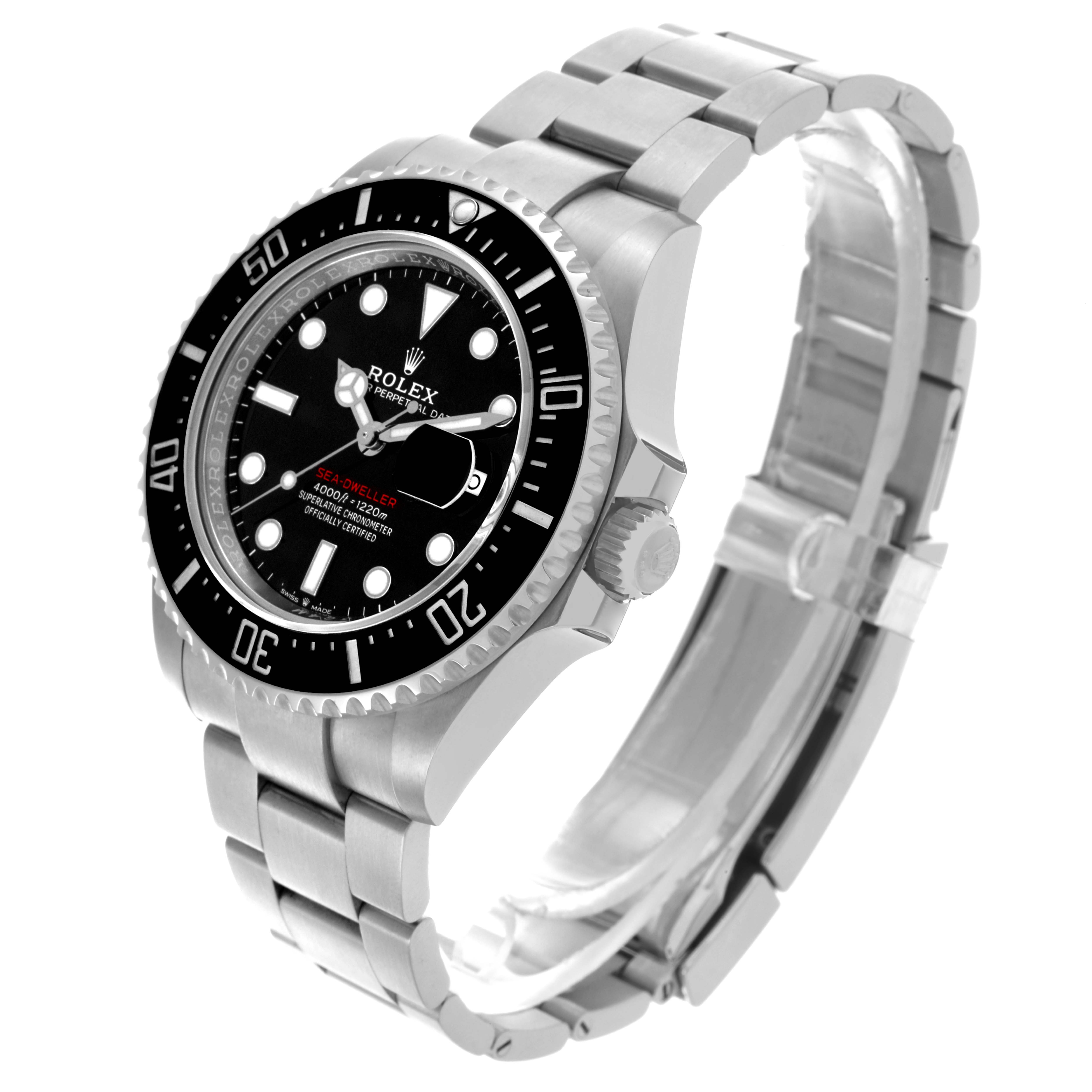 The Rolex Sea-Dweller 126600 Men's Stainless Steel Black Dial 126600 Men's Stainless Steel Black Dial watch is shown at an angle displaying the face, side, bezel, and bracelet.