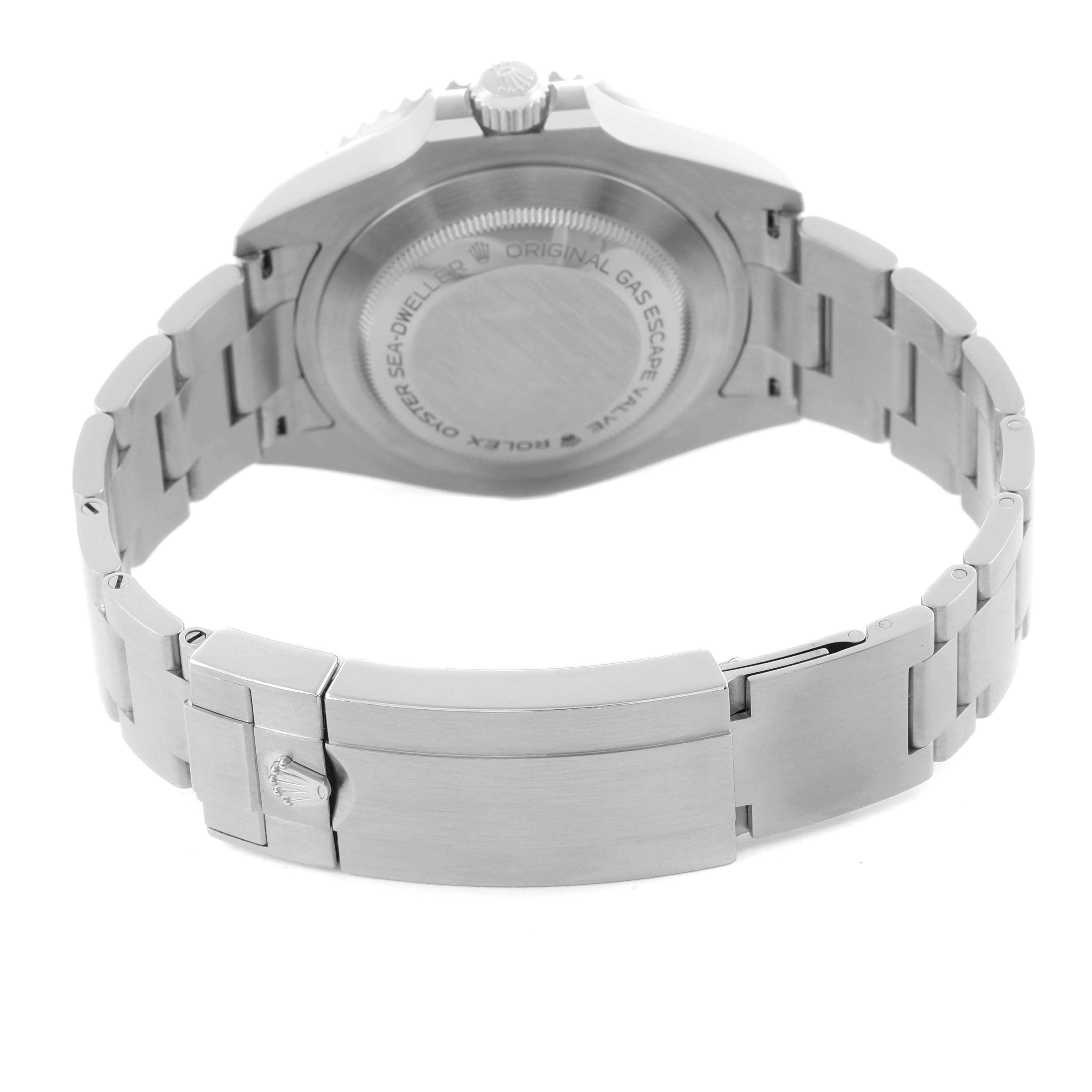The image shows the back of the Rolex Sea-Dweller 126600 Men's Stainless Steel Black Dial 126600 Men's Stainless Steel Black Dial, highlighting the case back and bracelet clasp.