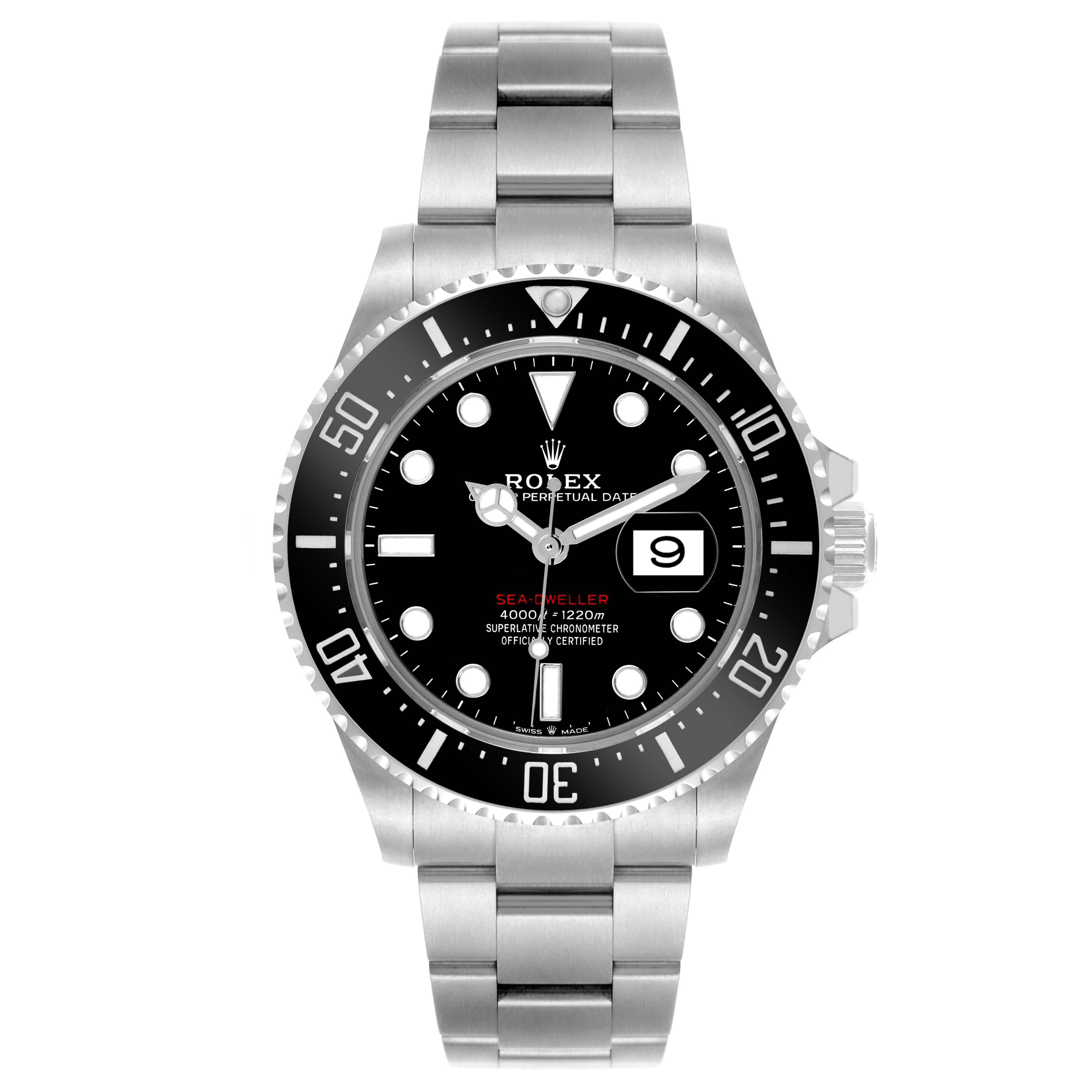 The Rolex Sea-Dweller 126600 Men's Stainless Steel Black Dial 126600 Men's Stainless Steel Black Dial watch is shown from the front, highlighting the dial, bezel, bracelet, and date window.