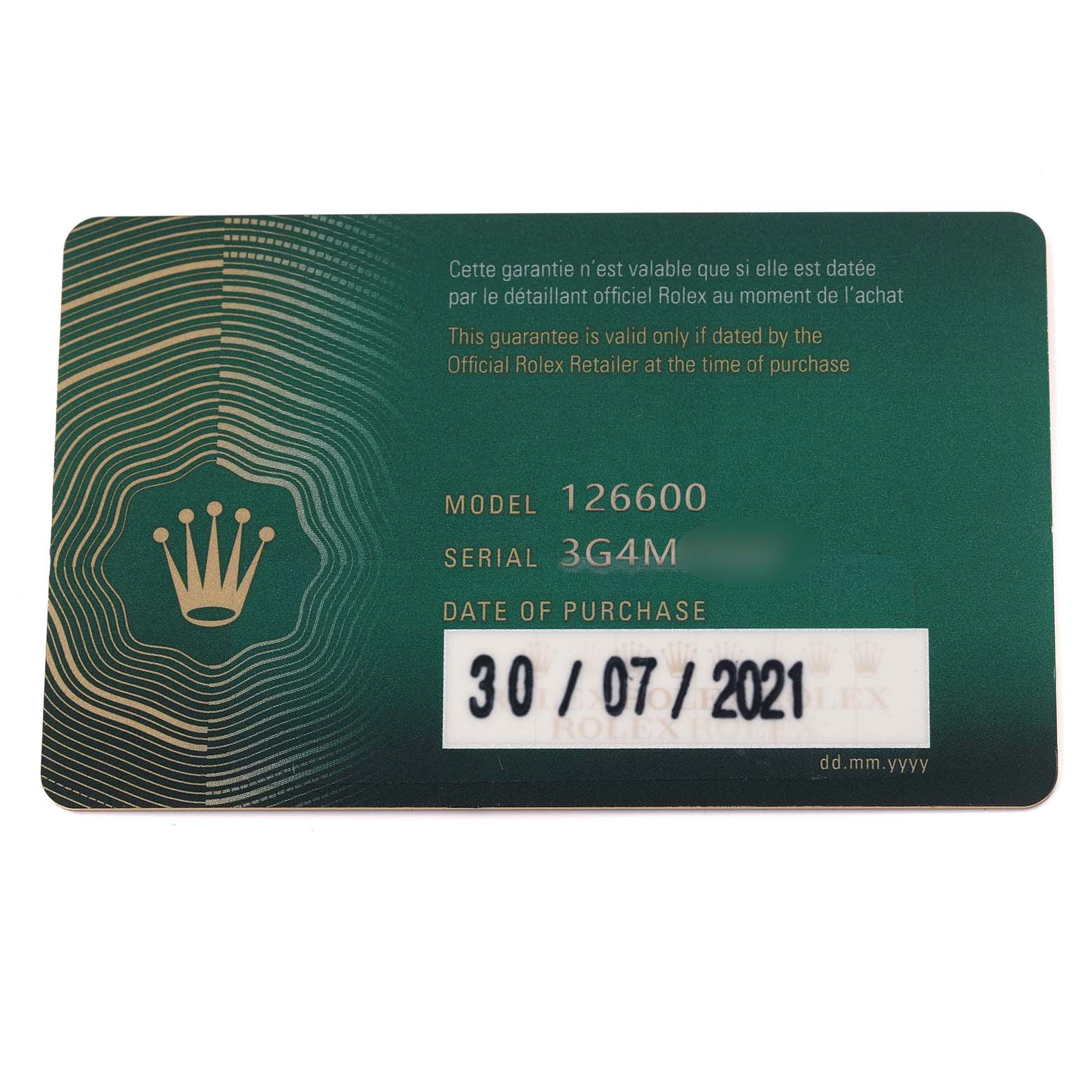 The image shows the warranty card for the Rolex Sea-Dweller 126600 Men's Stainless Steel Black Dial 126600 Men's Stainless Steel Black Dial model 126600.