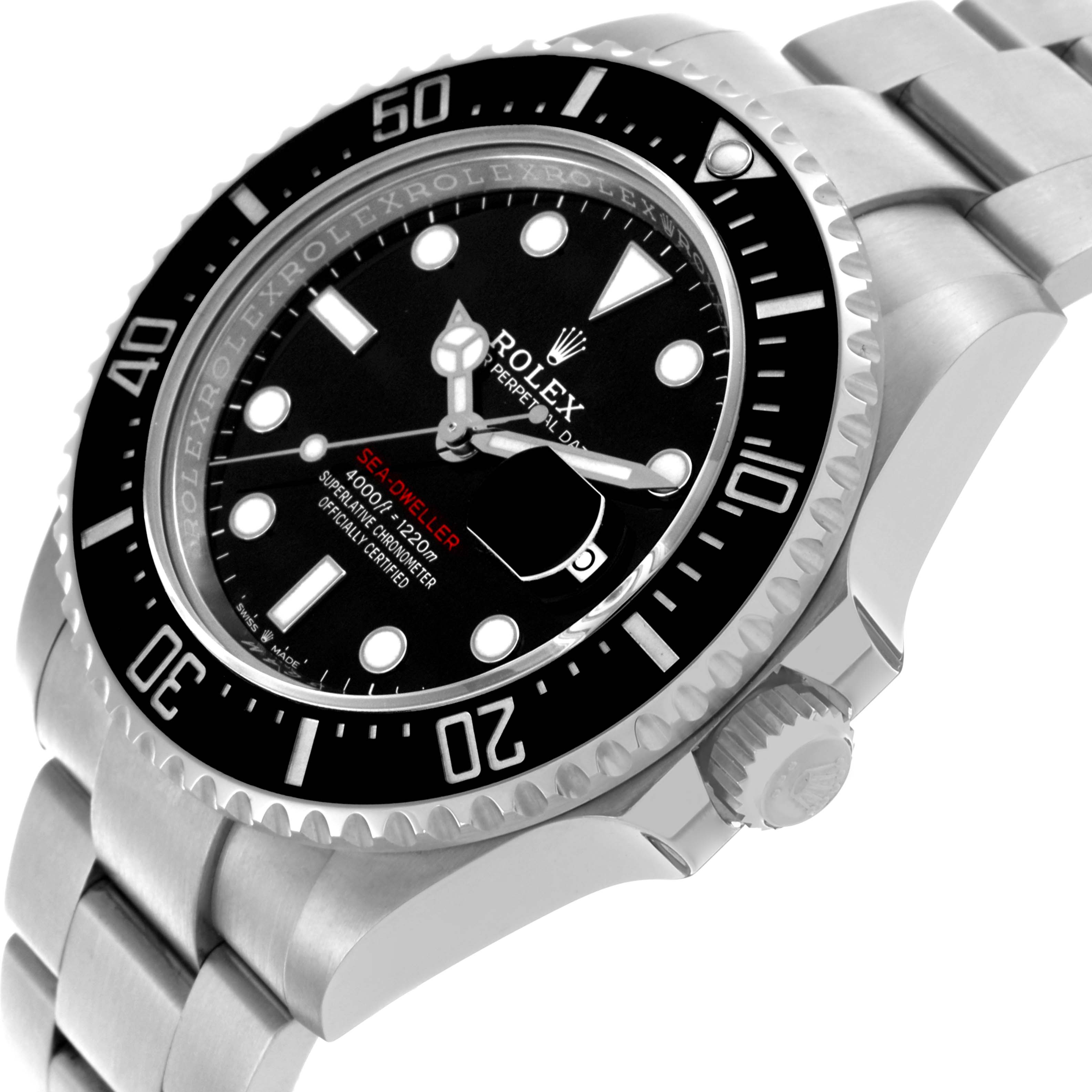 The Rolex Sea-Dweller 126600 Men's Stainless Steel Black Dial 126600 Men's Stainless Steel Black Dial is shown at an angle displaying the face, bezel, crown, and part of the bracelet.