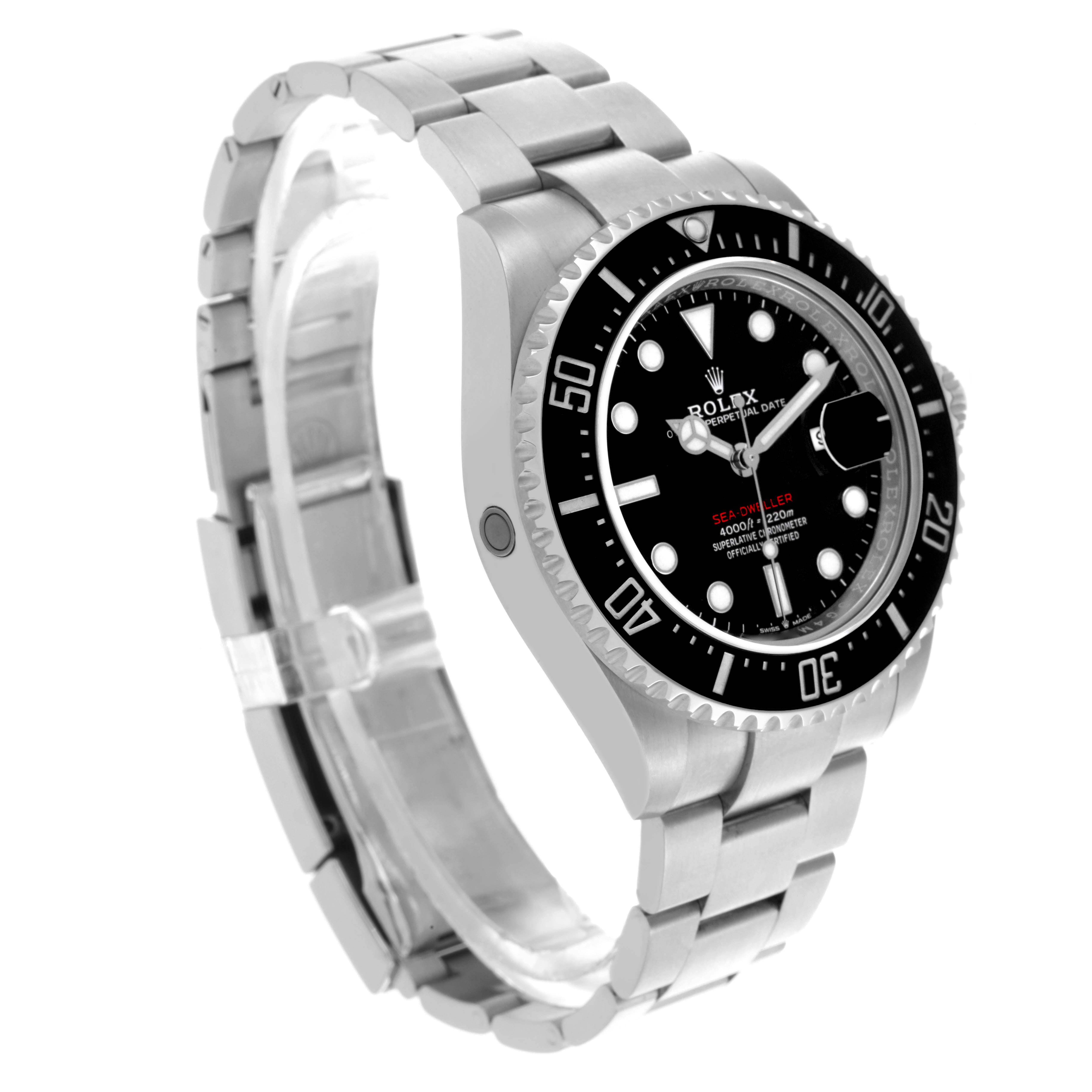 The Rolex Sea-Dweller 126600 Men's Stainless Steel Black Dial 126600 Men's Stainless Steel Black Dial watch is shown at a three-quarter angle, displaying the dial, bezel, and stainless steel bracelet.