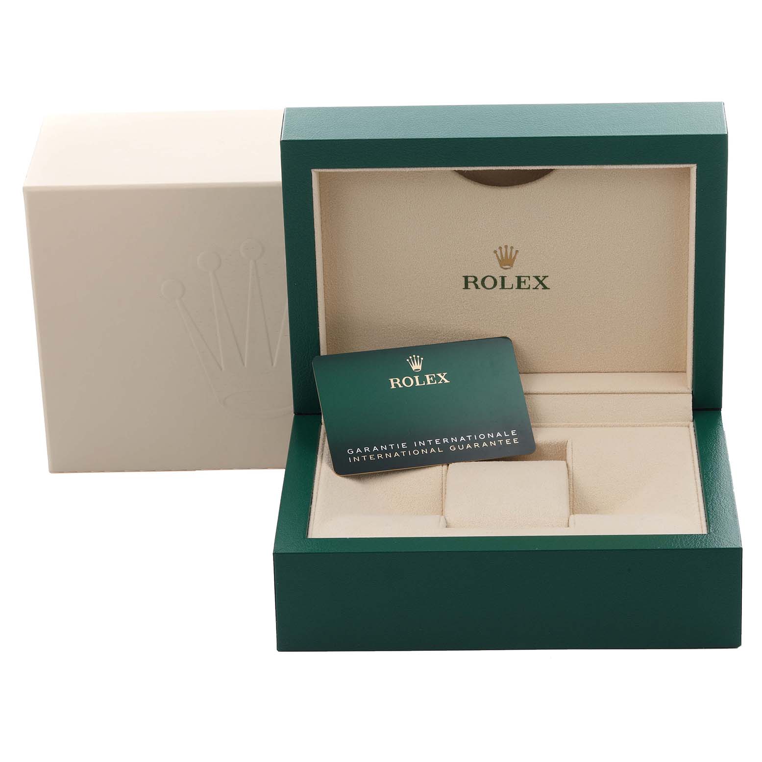 The image shows the open box and guarantee card for a Rolex Sea-Dweller 126600 Men's Stainless Steel Black Dial 126600 Men's Stainless Steel Black Dial watch, viewed from the front.