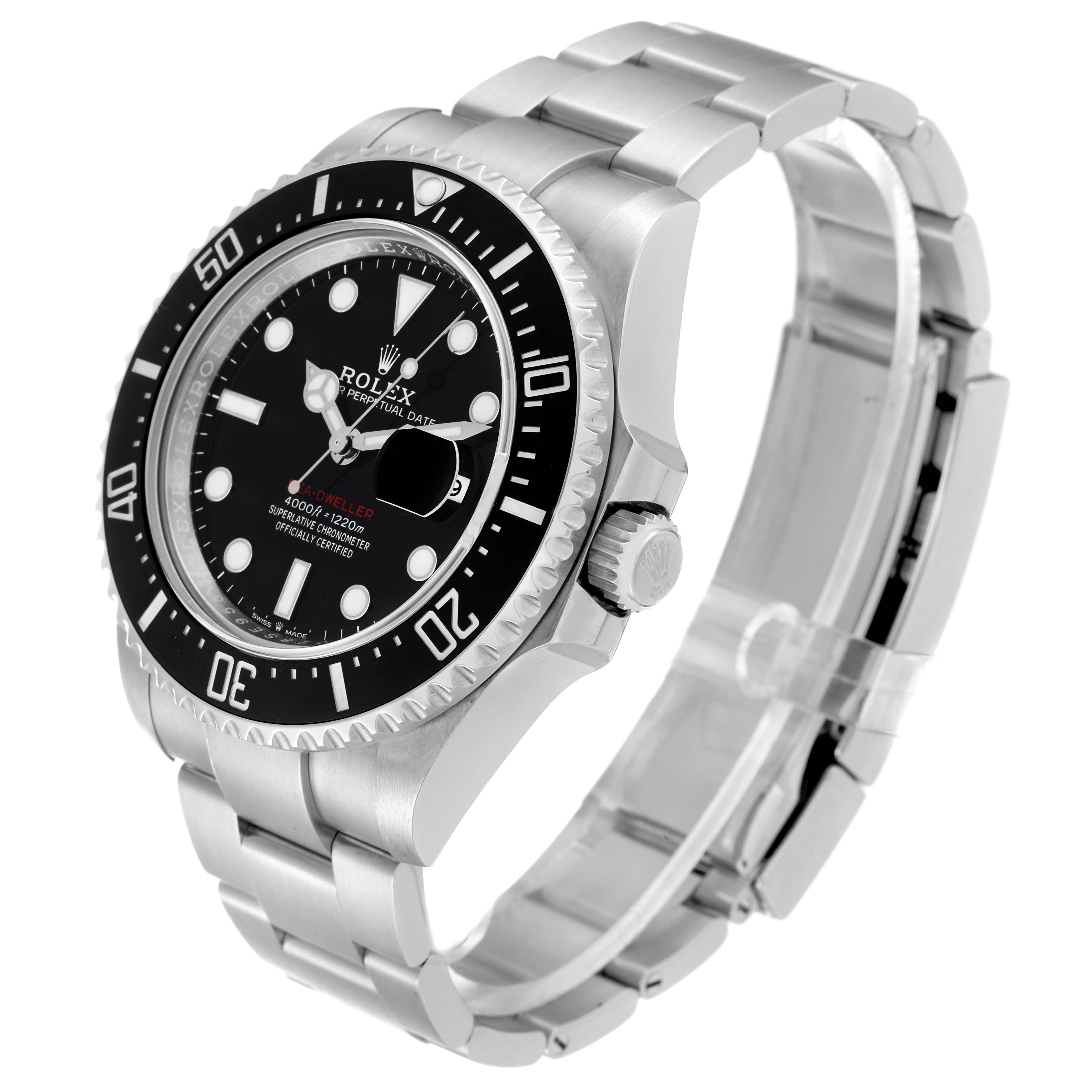 The image shows a Rolex Sea-Dweller 126600 Men
s Stainless Steel Black Dial 126600 Men
s Stainless Steel Black Dial watch at an oblique angle, highlighting its face, bezel, bracelet, and crown.