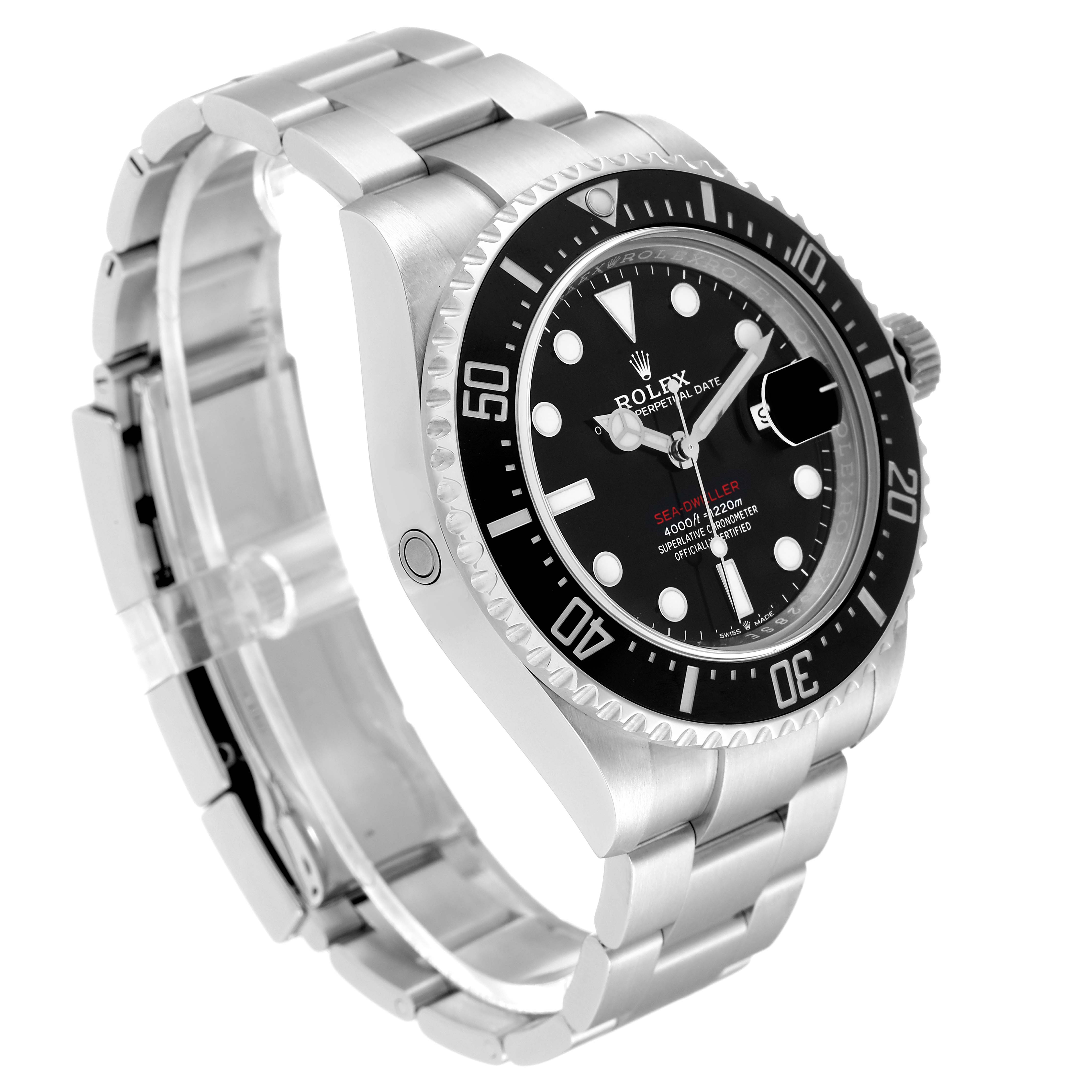 This image shows the Rolex Sea-Dweller 126600 Men
s Stainless Steel Black Dial 126600 Men
s Stainless Steel Black Dial watch from a front-left angle, highlighting its bezel, dial, and bracelet.