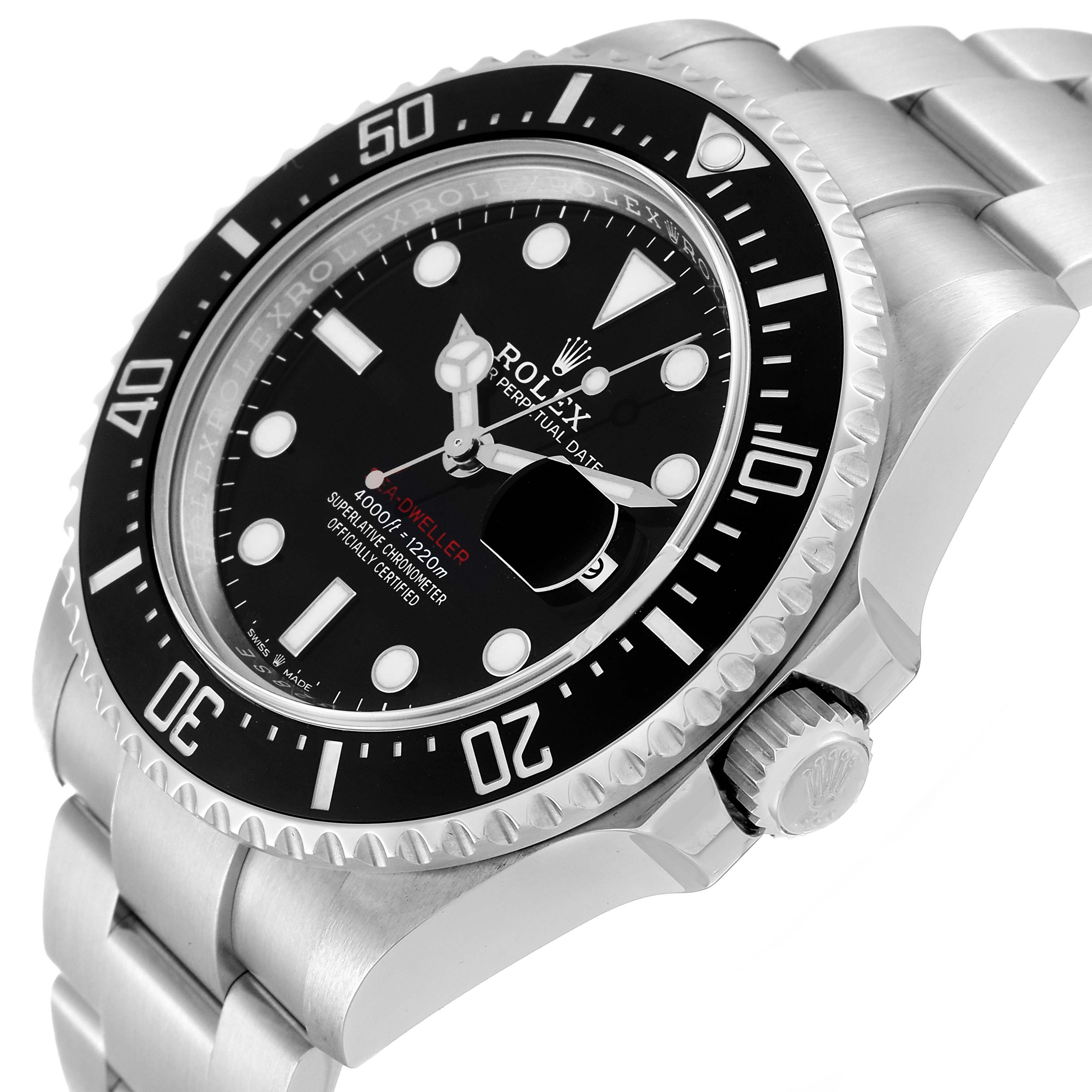 The image shows a close-up angle of the Rolex Sea-Dweller 126600 Men
s Stainless Steel Black Dial 126600 Men
s Stainless Steel Black Dial watch, focusing on the bezel, crown, and part of the bracelet.