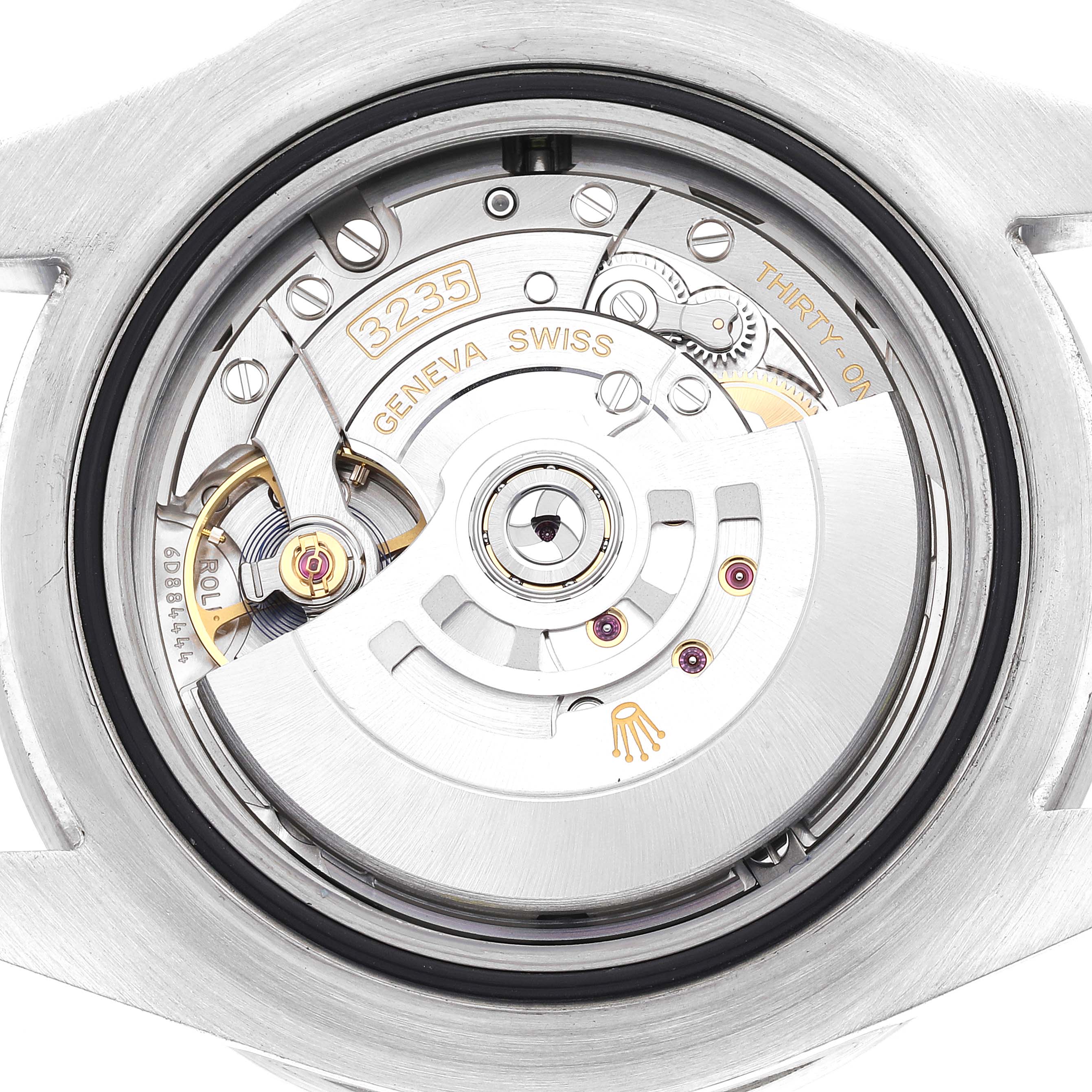 This image shows the movement and inner mechanics of the Rolex Sea-Dweller 126600 Men
s Stainless Steel Black Dial 126600 Men
s Stainless Steel Black Dial 3235 model from a rear, close-up angle.