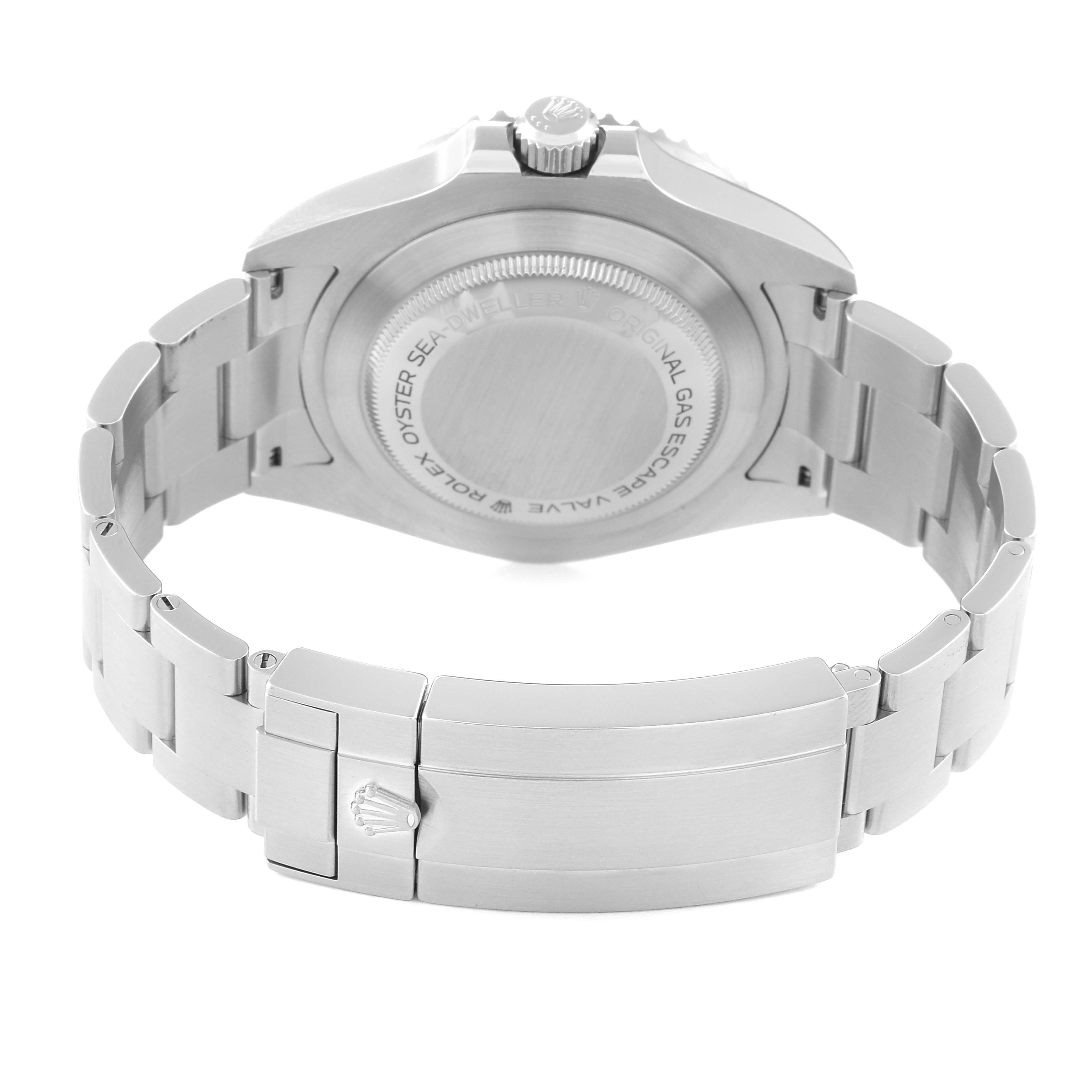 The image shows the back case and clasp of the Rolex Sea-Dweller 126600 Men
s Stainless Steel Black Dial 126600 Men
s Stainless Steel Black Dial watch viewed from the rear.